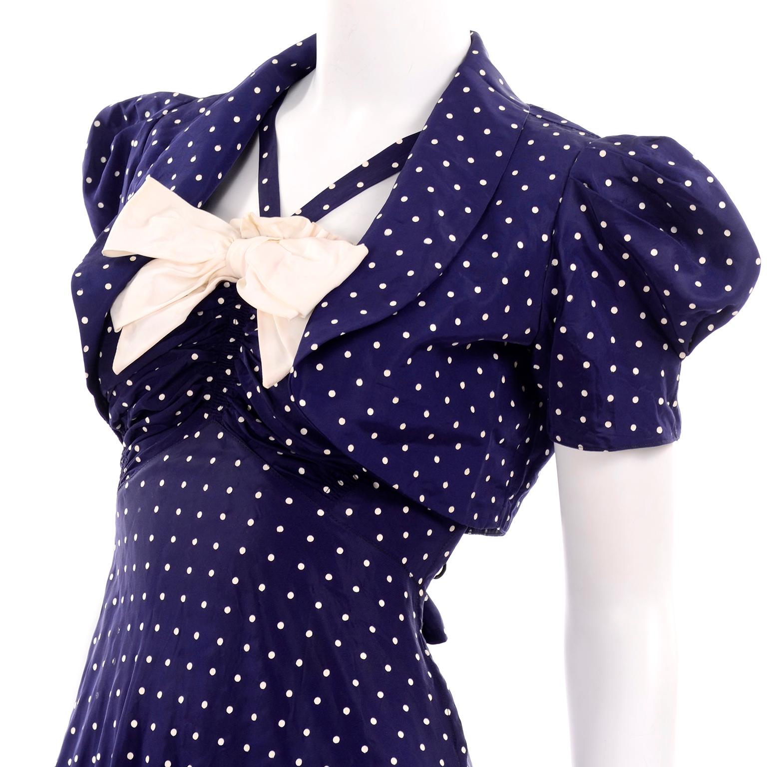  Vintage Navy Blue & White Polka Dot Halter Dress W Bow & Bolero Jacket 4