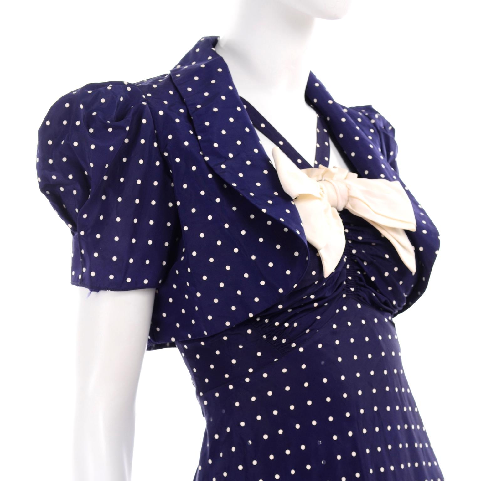  Vintage Navy Blue & White Polka Dot Halter Dress W Bow & Bolero Jacket 5