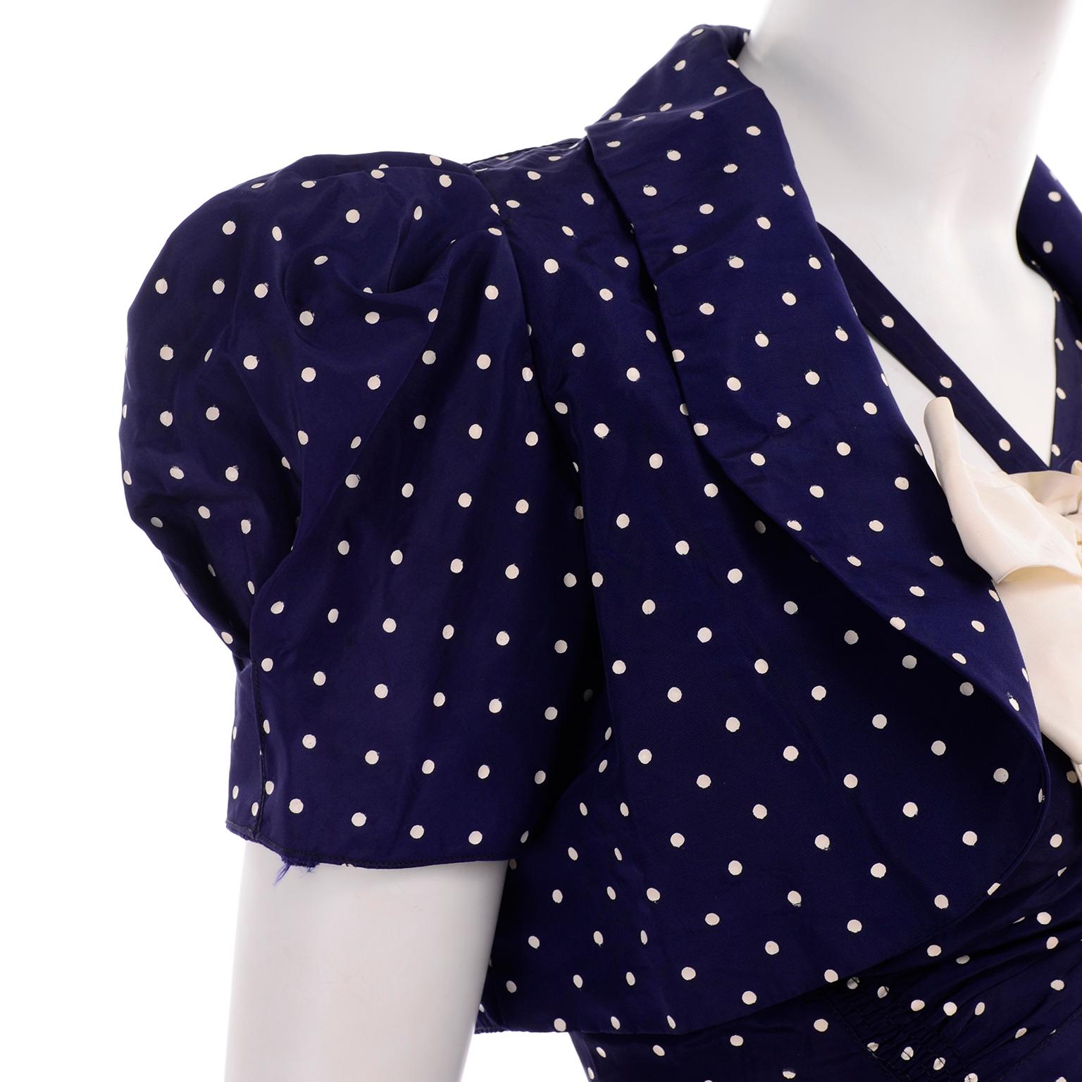  Vintage Navy Blue & White Polka Dot Halter Dress W Bow & Bolero Jacket 6