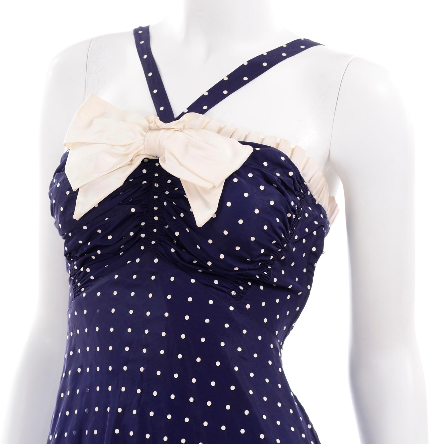  Vintage Navy Blue & White Polka Dot Halter Dress W Bow & Bolero Jacket 1