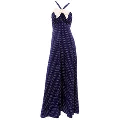  Vintage Navy Blue & White Polka Dot Halter Dress W Bow & Bolero Jacket