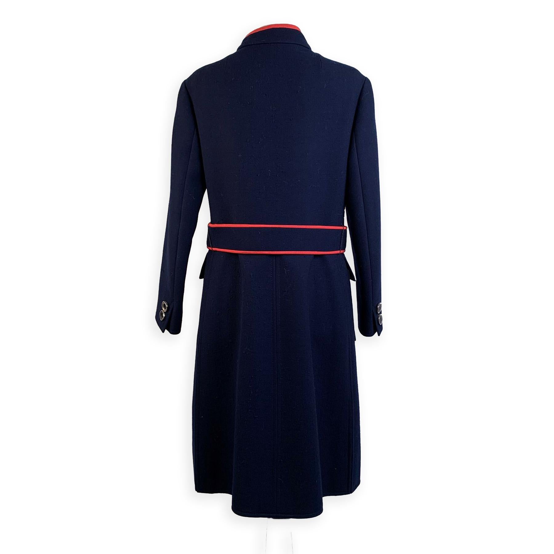 Black Vintage Navy Blue Wool Belted Coat with Contrast Trim