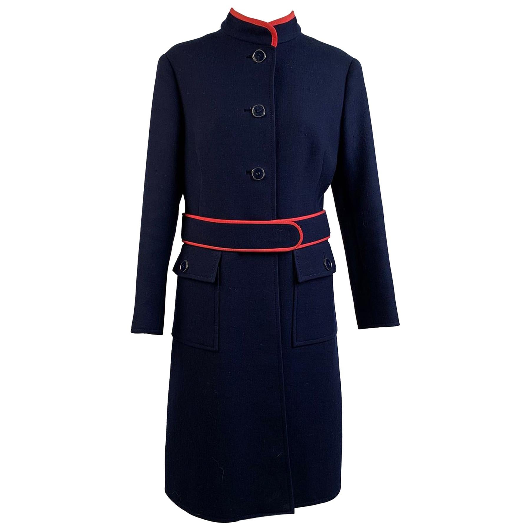 Vintage Navy Blue Wool Belted Coat with Contrast Trim