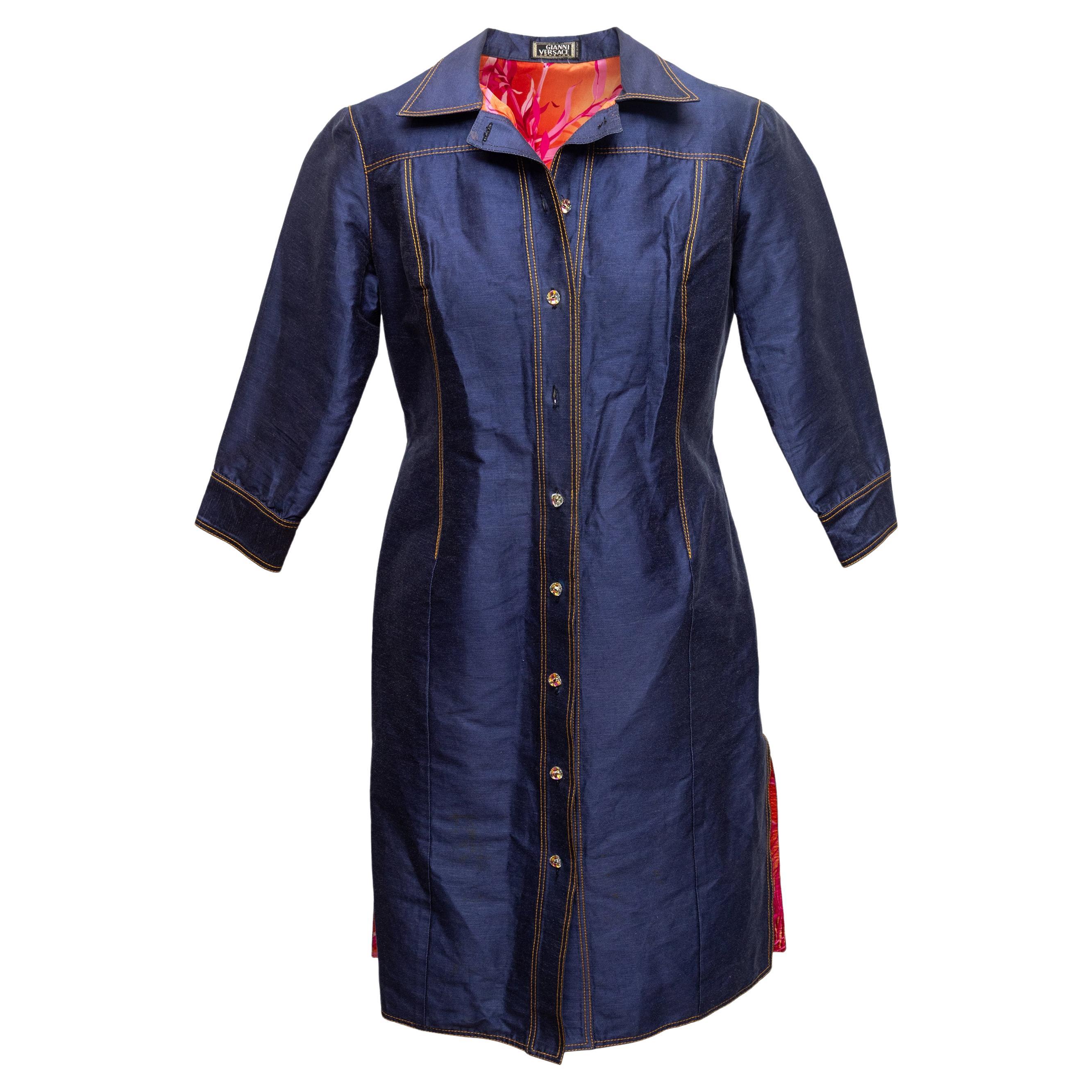 Vintage Navy Gianni Versace Jacquard Button-Up Dress