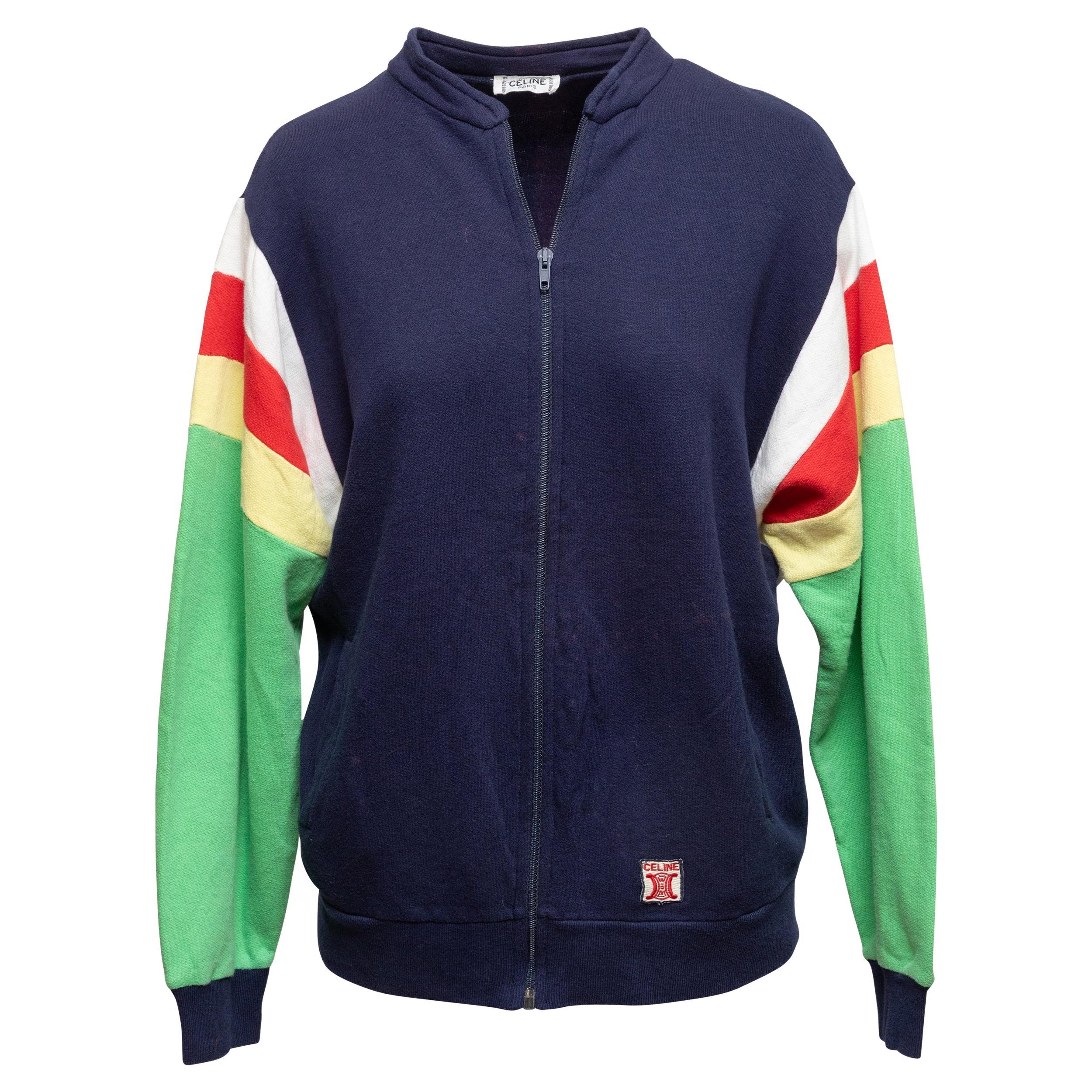 Felpa con zip Celine vintage, blu e multicolore, taglia M.