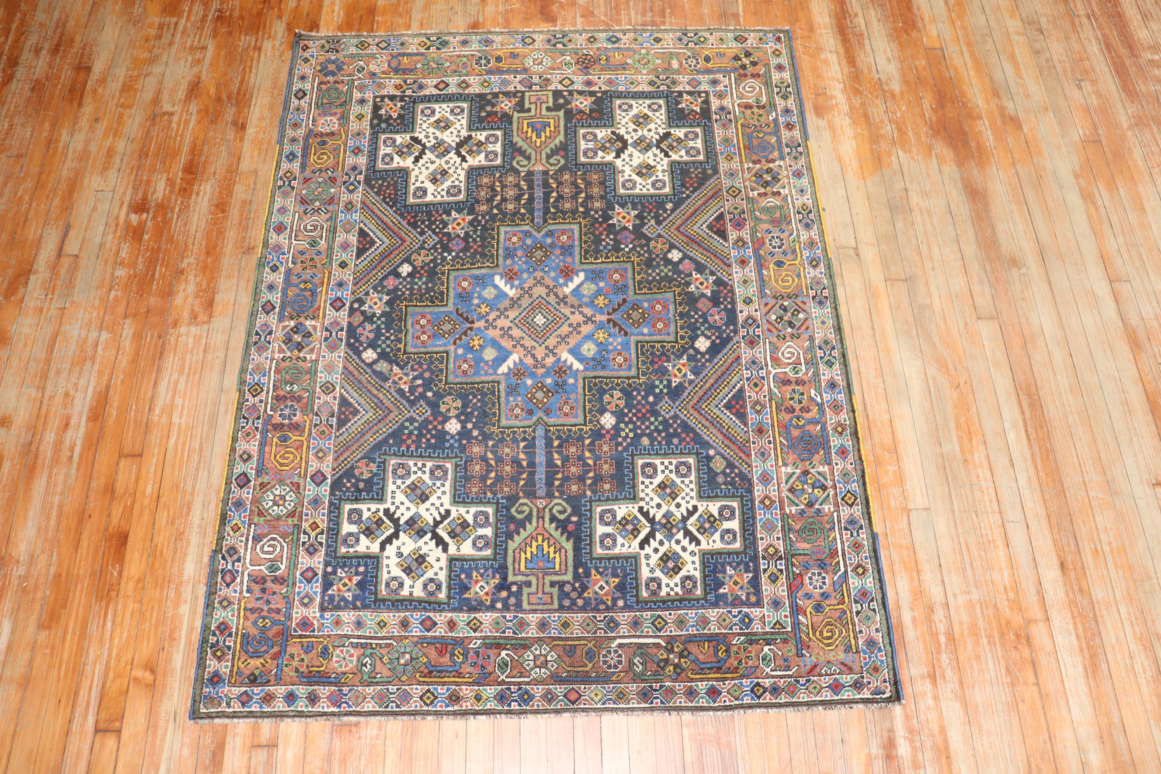 Hand-Woven Vintage Navy Persian Square Accent Rug For Sale