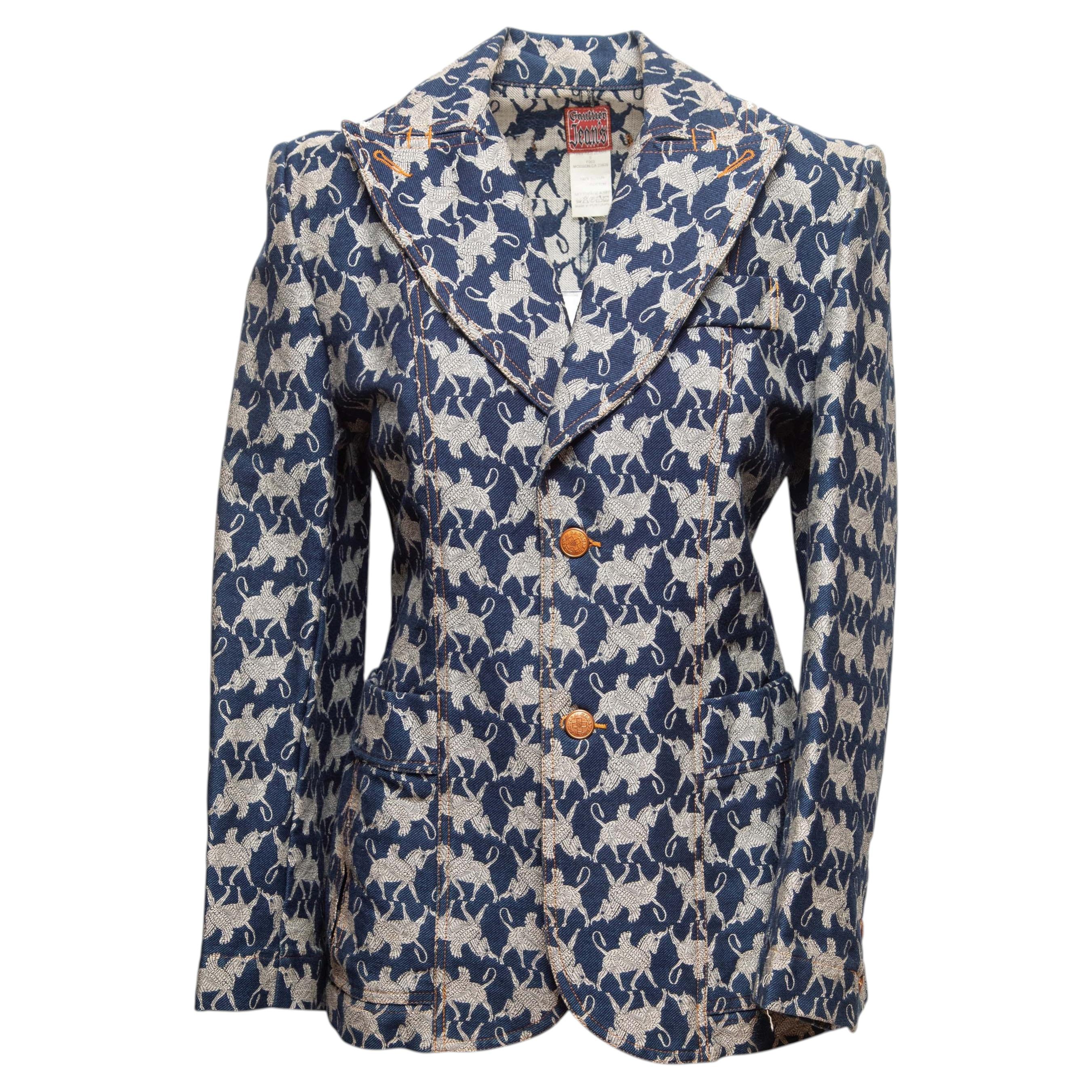 Vintage Navy & White Gaultier Jeans Fall/Winter 1994 Pegasus Motif Blazer Size U For Sale