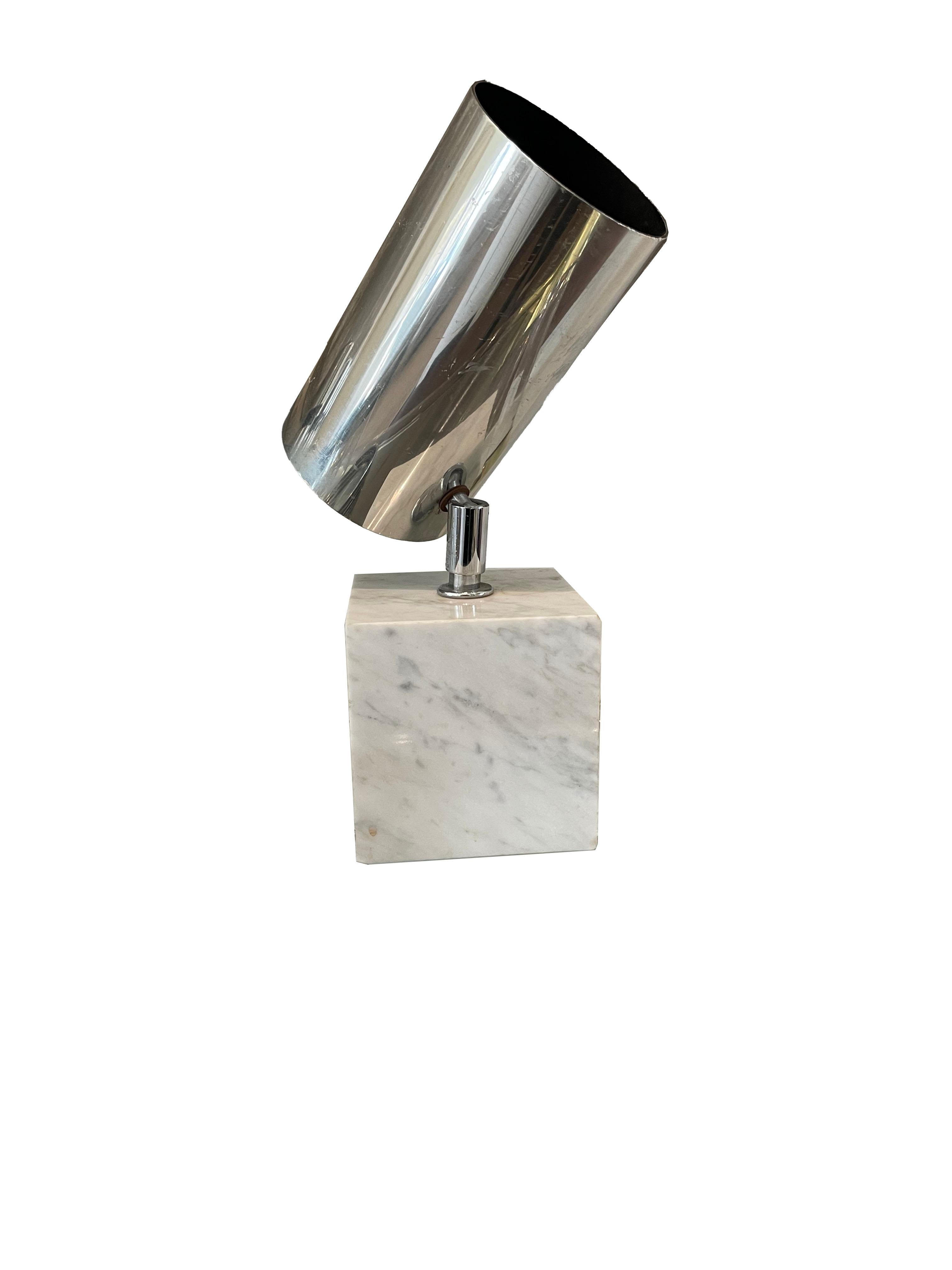 Vintage 1970's Carrara marble and chrome table lamp by Neal Small for Koch & Lowy. This Mid-Century Modern lamp pairs well with all styles and is in good condition.

 The overall dimensions are 8