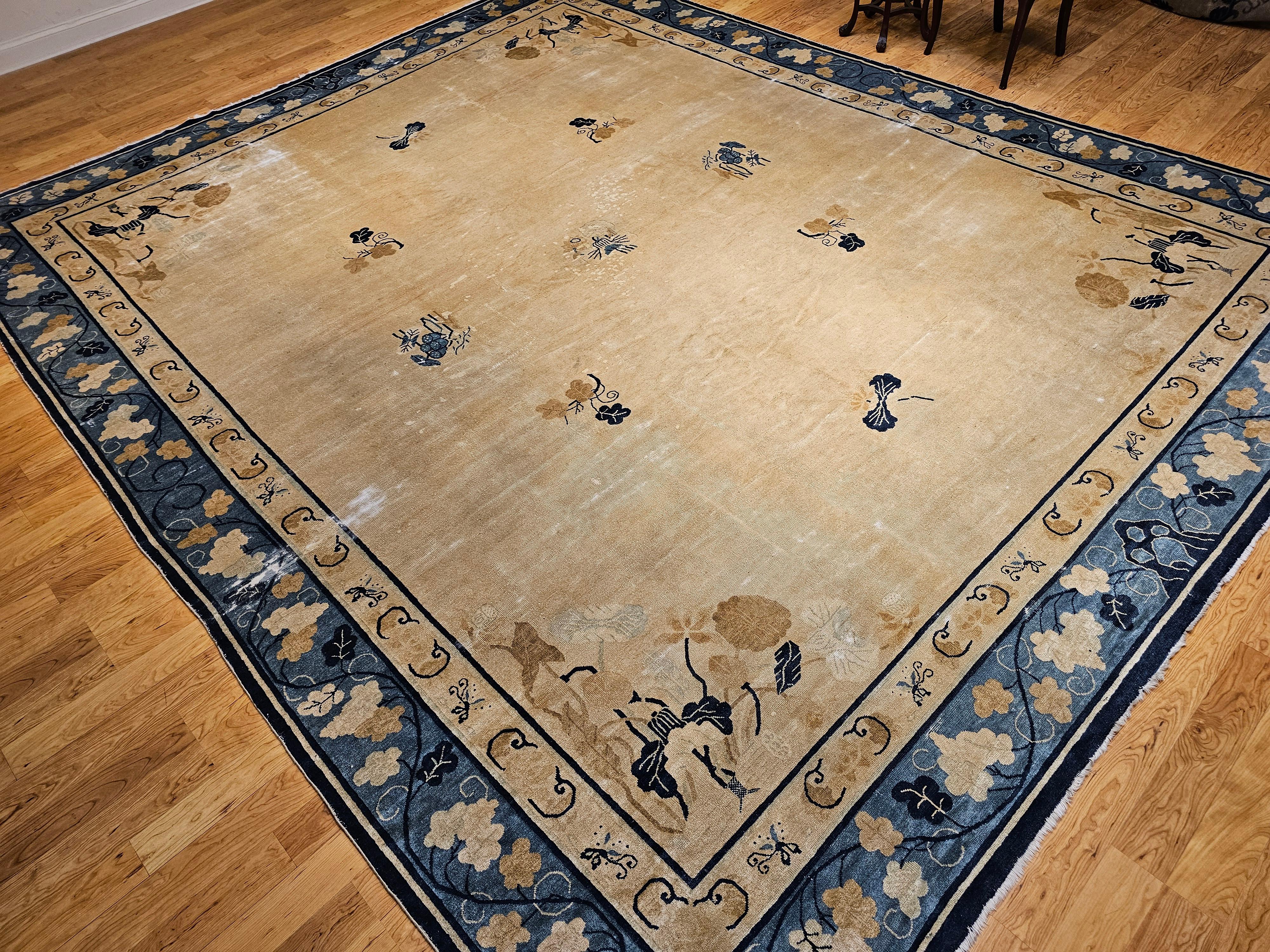 19th Century Oversized Chinese Peking Rug in Wheat, Navy, Brown, Green, Sky-Blue For Sale 5