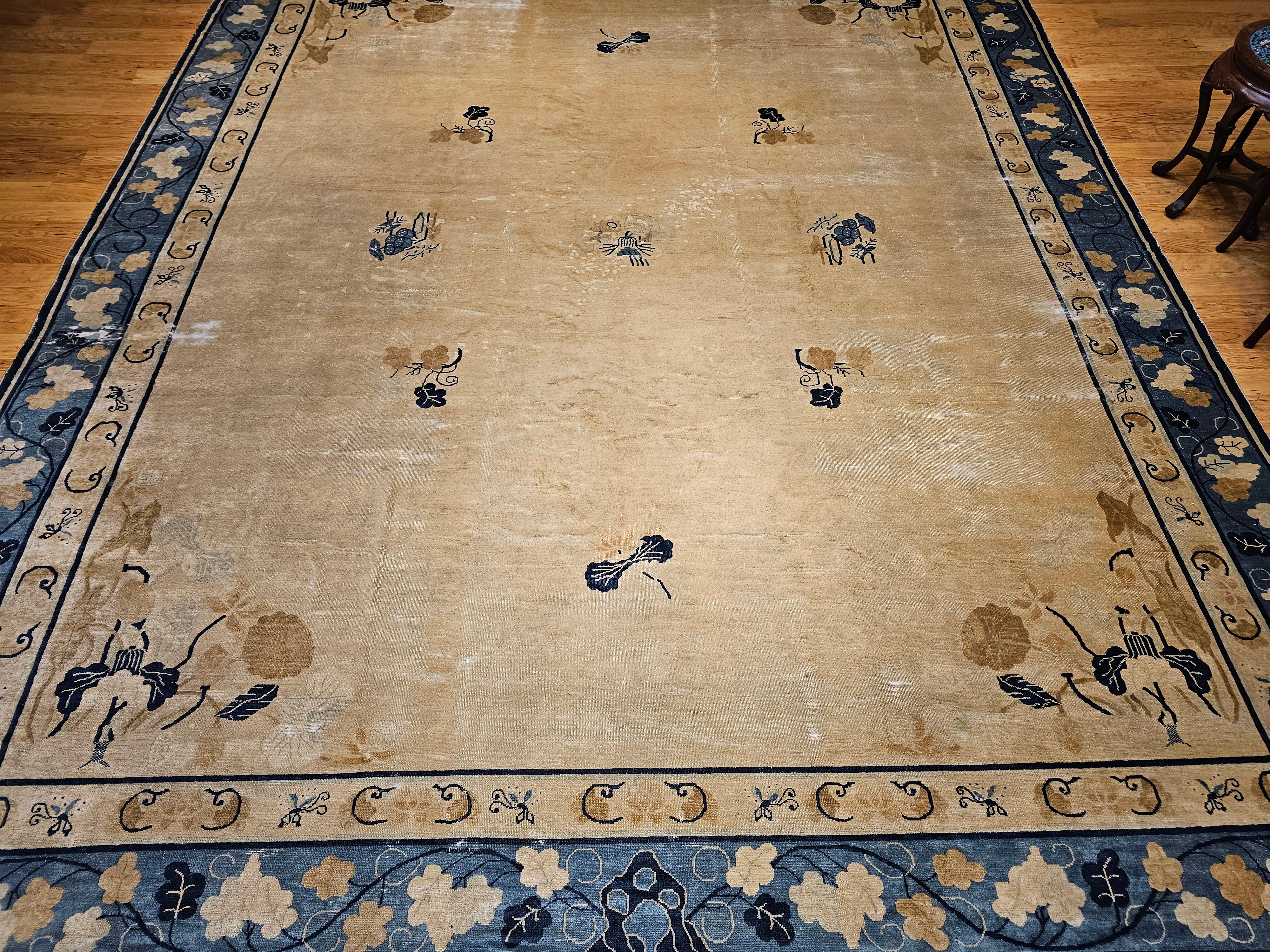 19th Century Oversized Chinese Peking Rug in Wheat, Navy, Brown, Green, Sky-Blue For Sale 6