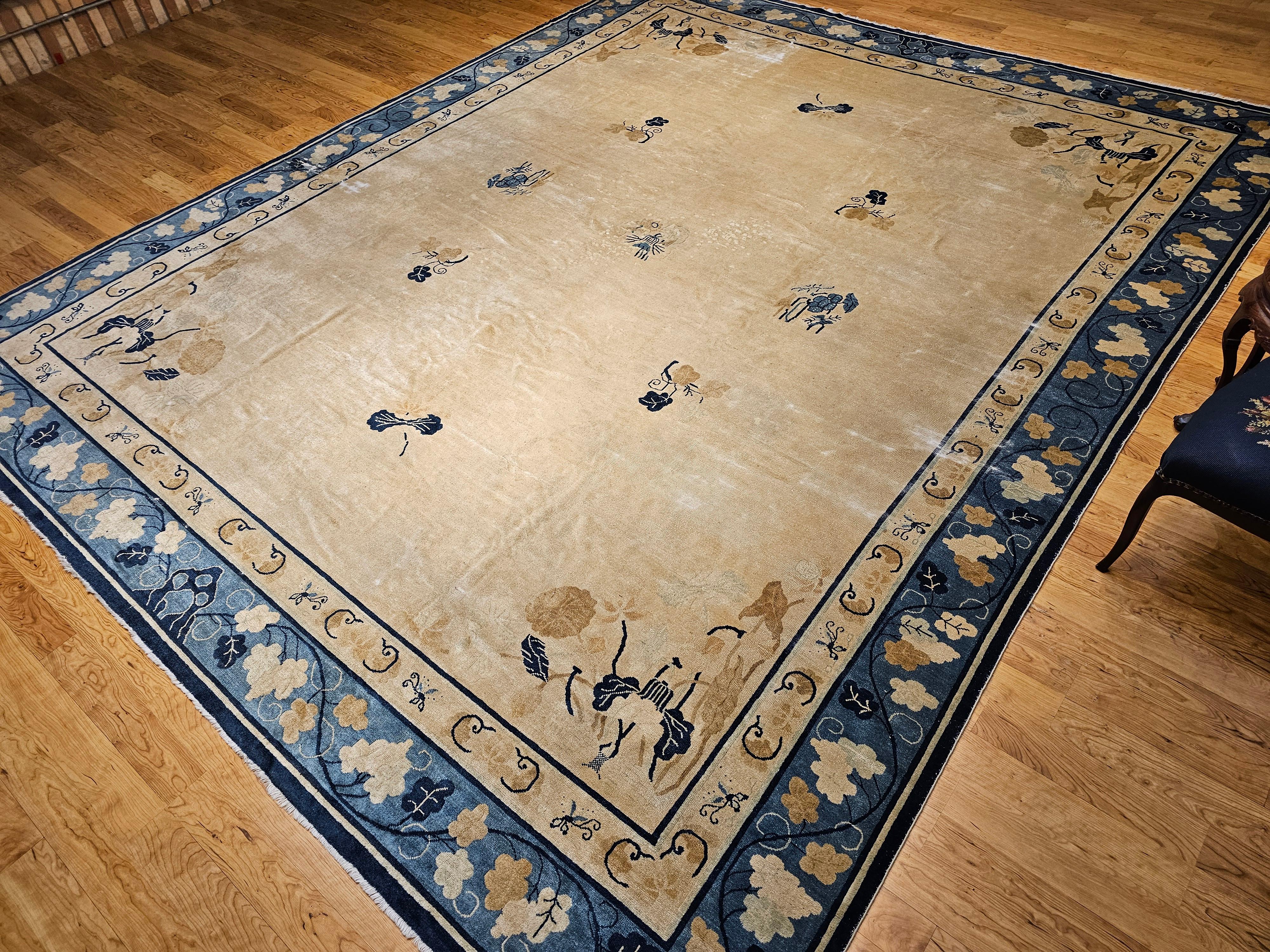 19th Century Oversized Chinese Peking Rug in Wheat, Navy, Brown, Green, Sky-Blue For Sale 7