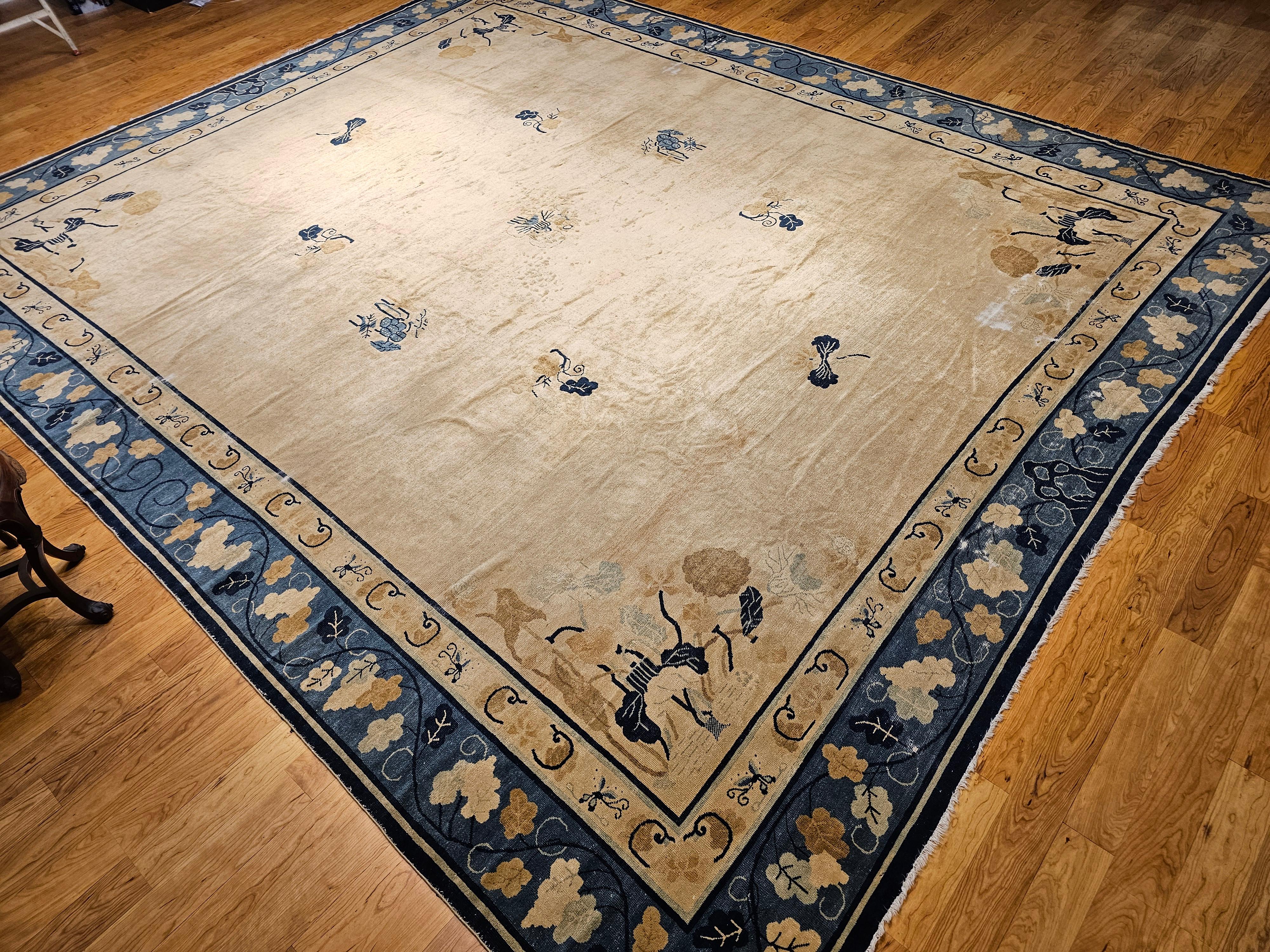 19th Century Oversized Chinese Peking Rug in Wheat, Navy, Brown, Green, Sky-Blue For Sale 8