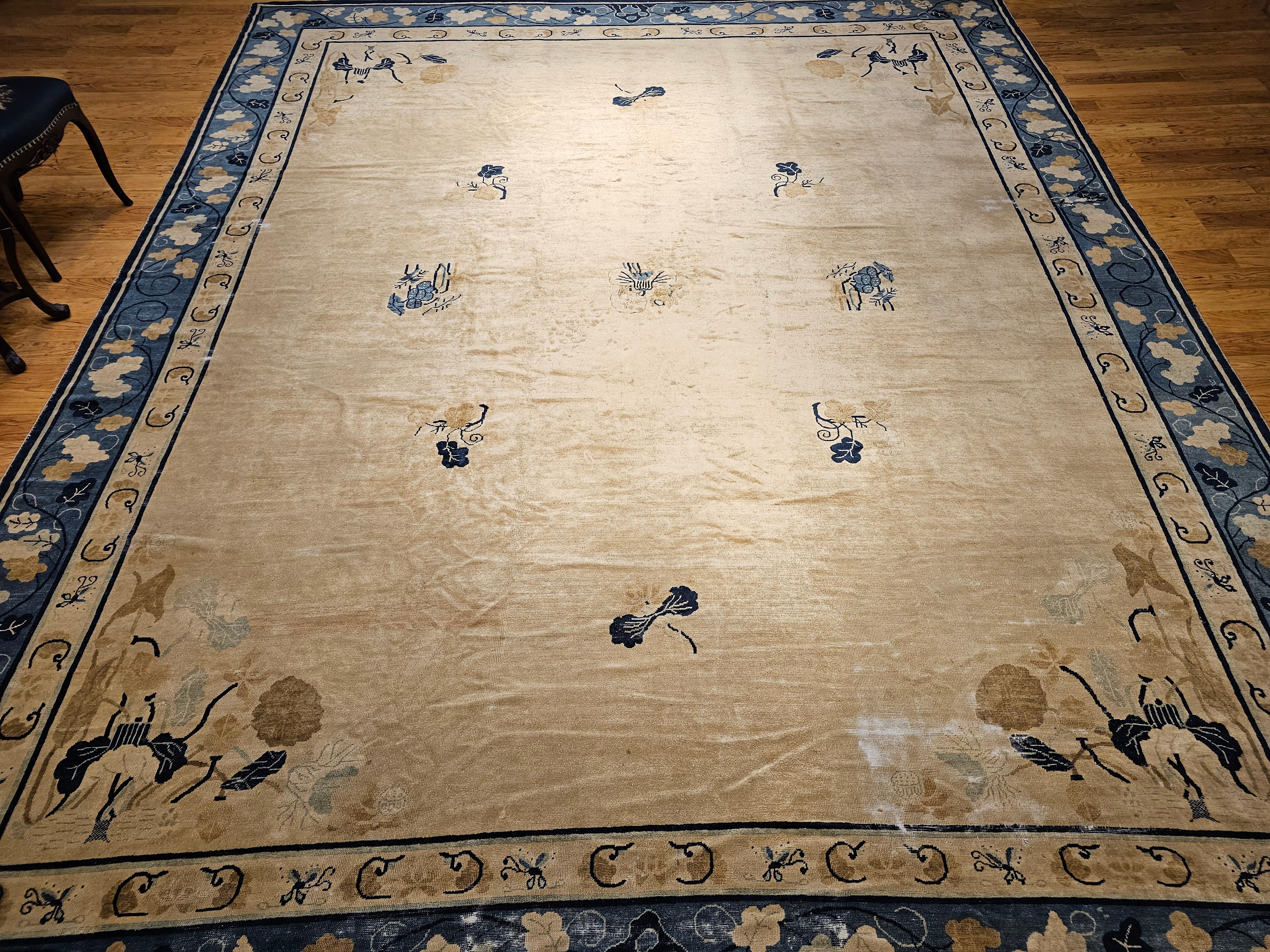 19th Century Oversized Chinese Peking Rug in Wheat, Navy, Brown, Green, Sky-Blue For Sale 9