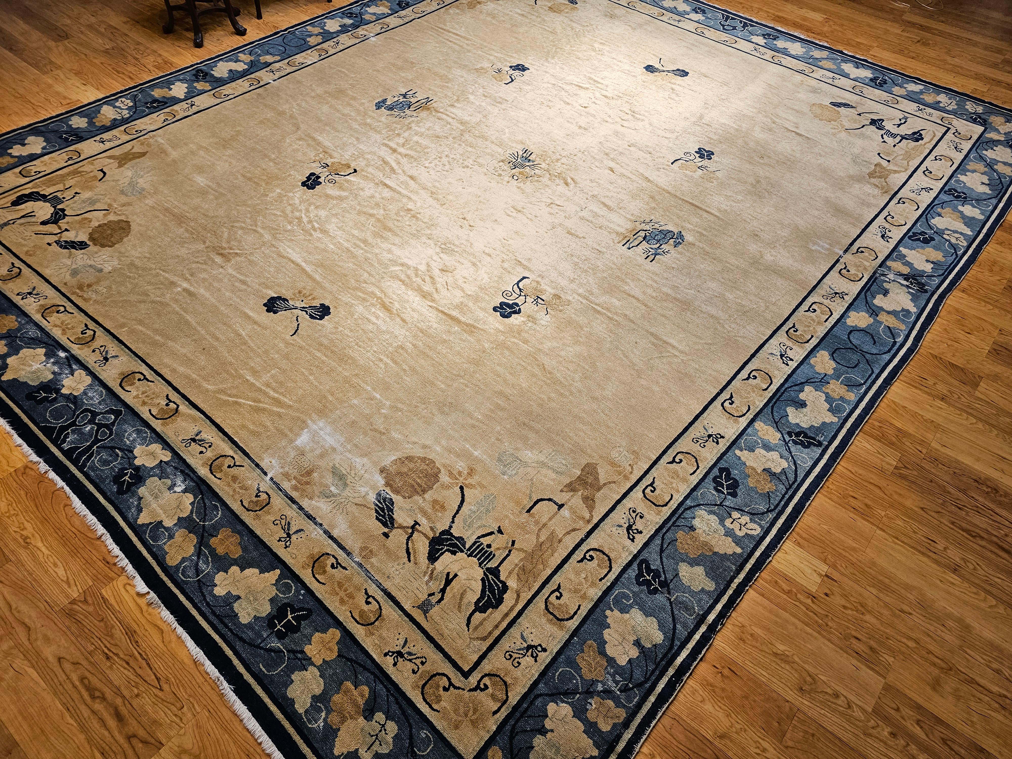 19th Century Oversized Chinese Peking Rug in Wheat, Navy, Brown, Green, Sky-Blue For Sale 10