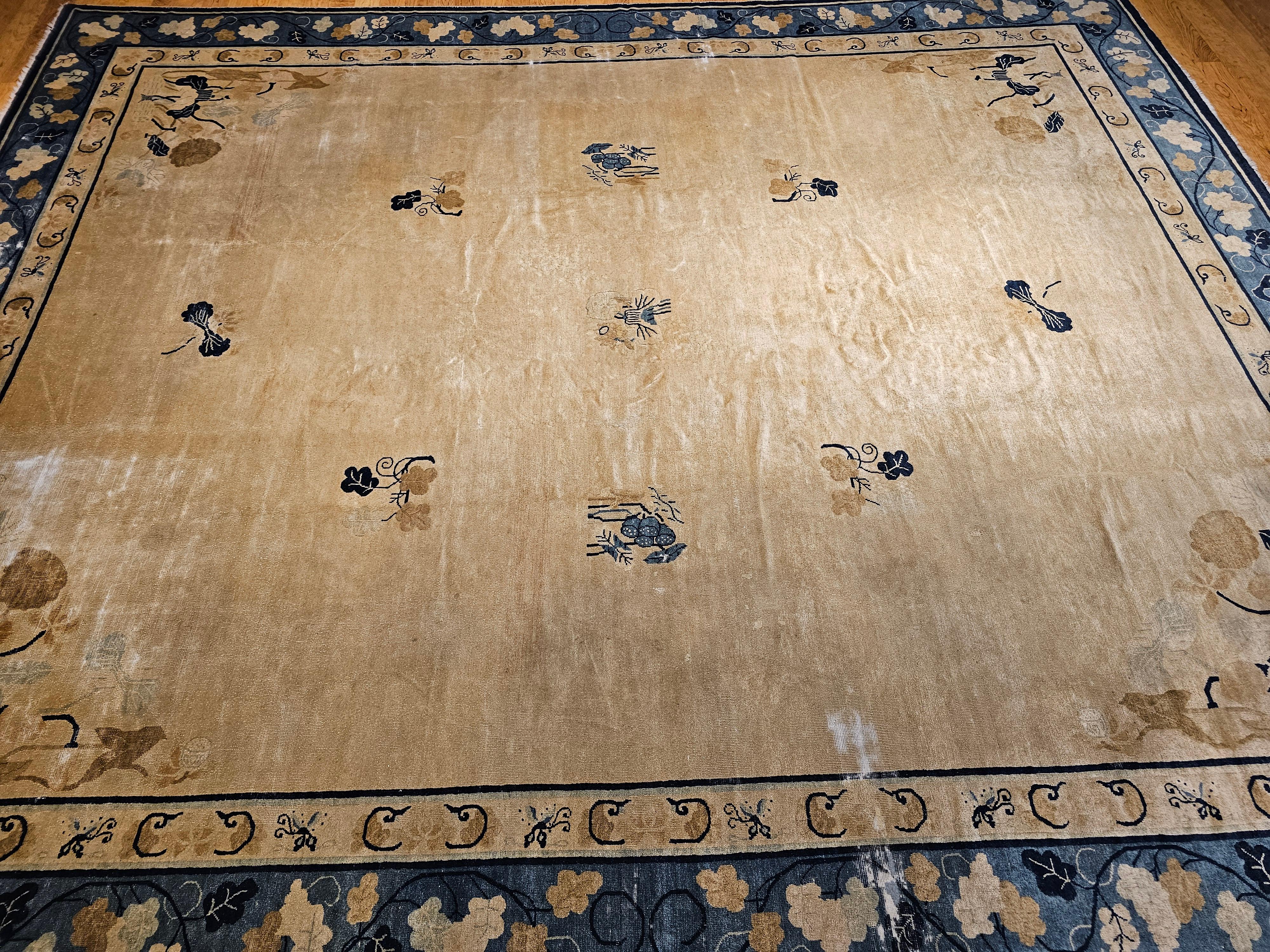 19th Century Oversized Chinese Peking Rug in Wheat, Navy, Brown, Green, Sky-Blue For Sale 11