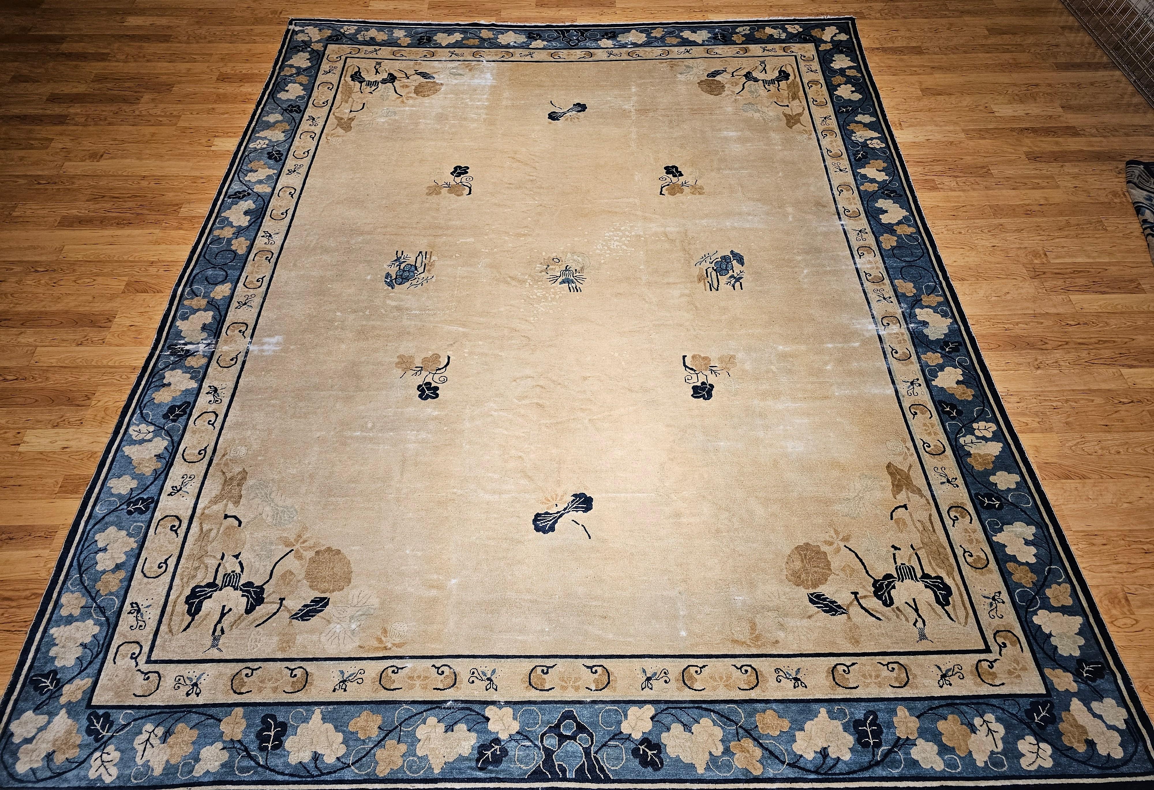 19th Century Oversized Chinese Peking Rug in Wheat, Navy, Brown, Green, Sky-Blue For Sale 12