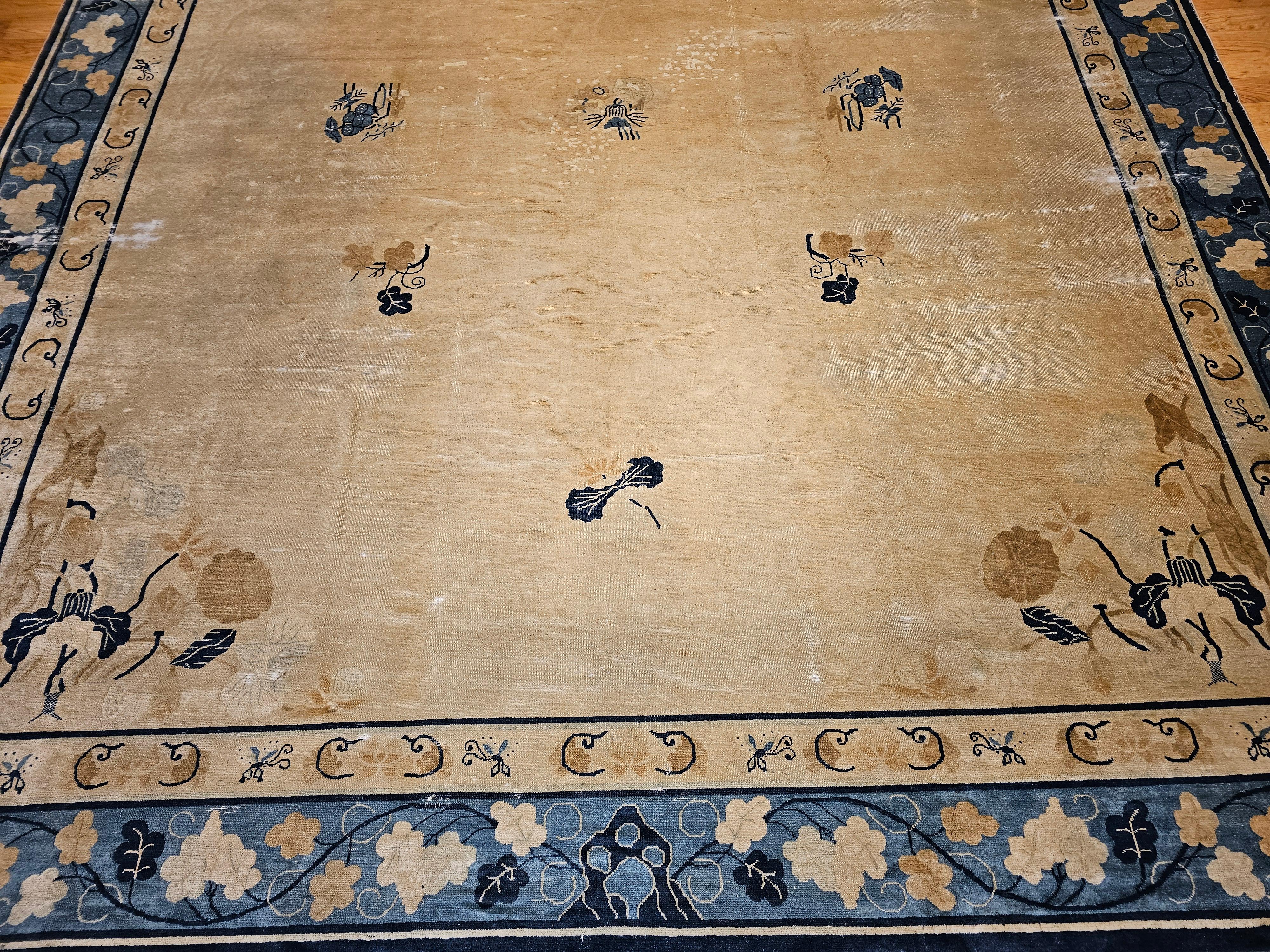 Hand-Knotted 19th Century Oversized Chinese Peking Rug in Wheat, Navy, Brown, Green, Sky-Blue For Sale
