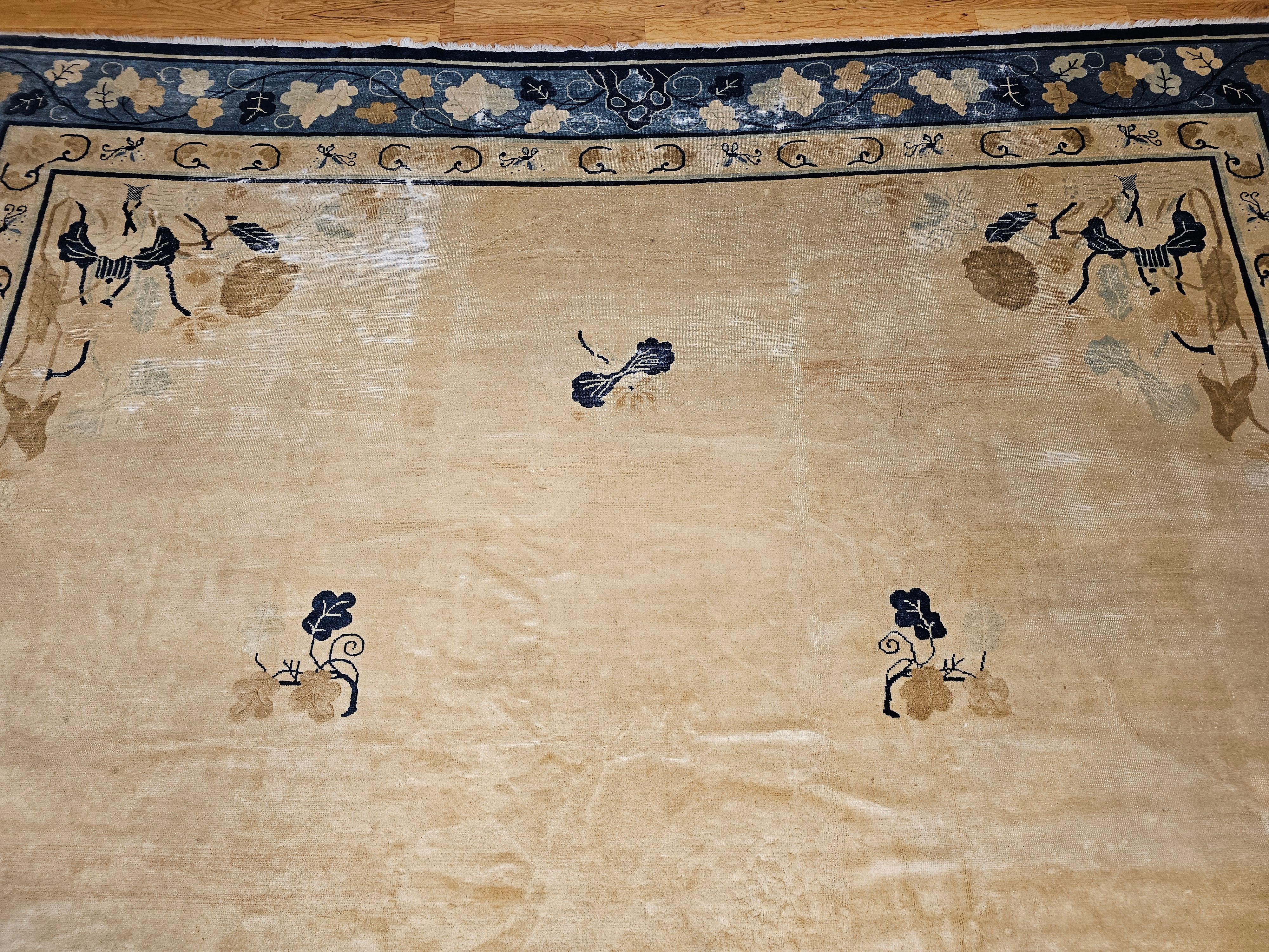 Wool 19th Century Oversized Chinese Peking Rug in Wheat, Navy, Brown, Green, Sky-Blue For Sale