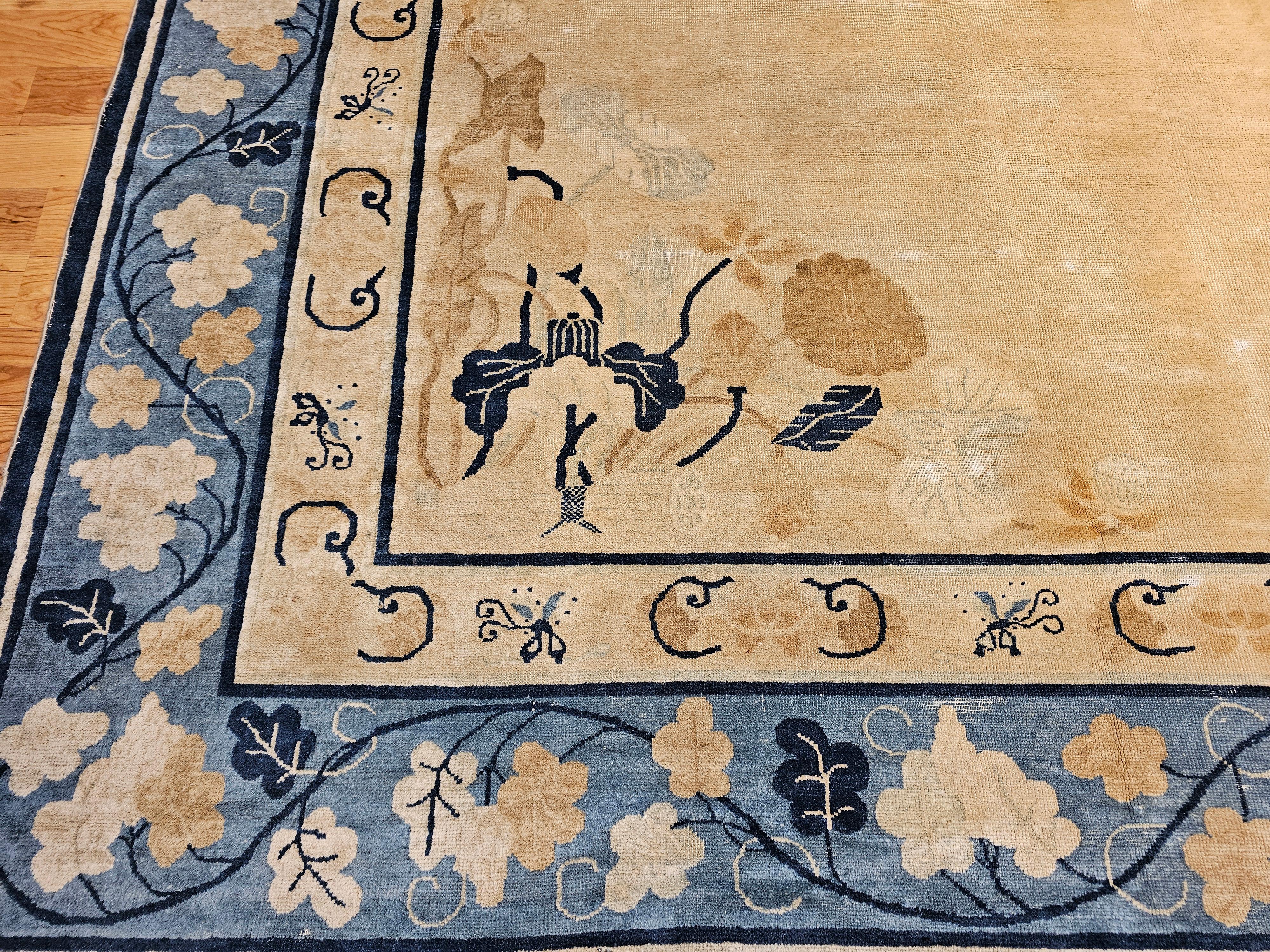 19th Century Oversized Chinese Peking Rug in Wheat, Navy, Brown, Green, Sky-Blue For Sale 1