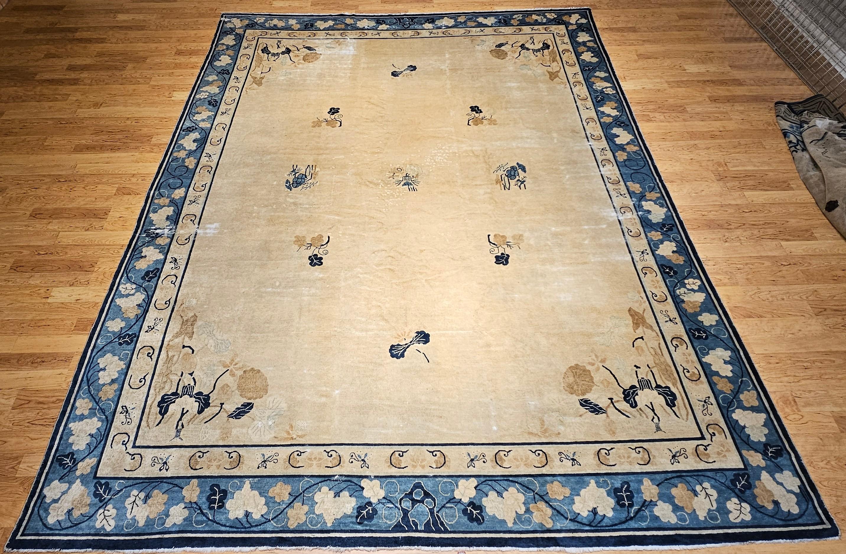 19th Century Oversized Chinese Peking Rug in Wheat, Navy, Brown, Green, Sky-Blue For Sale 4