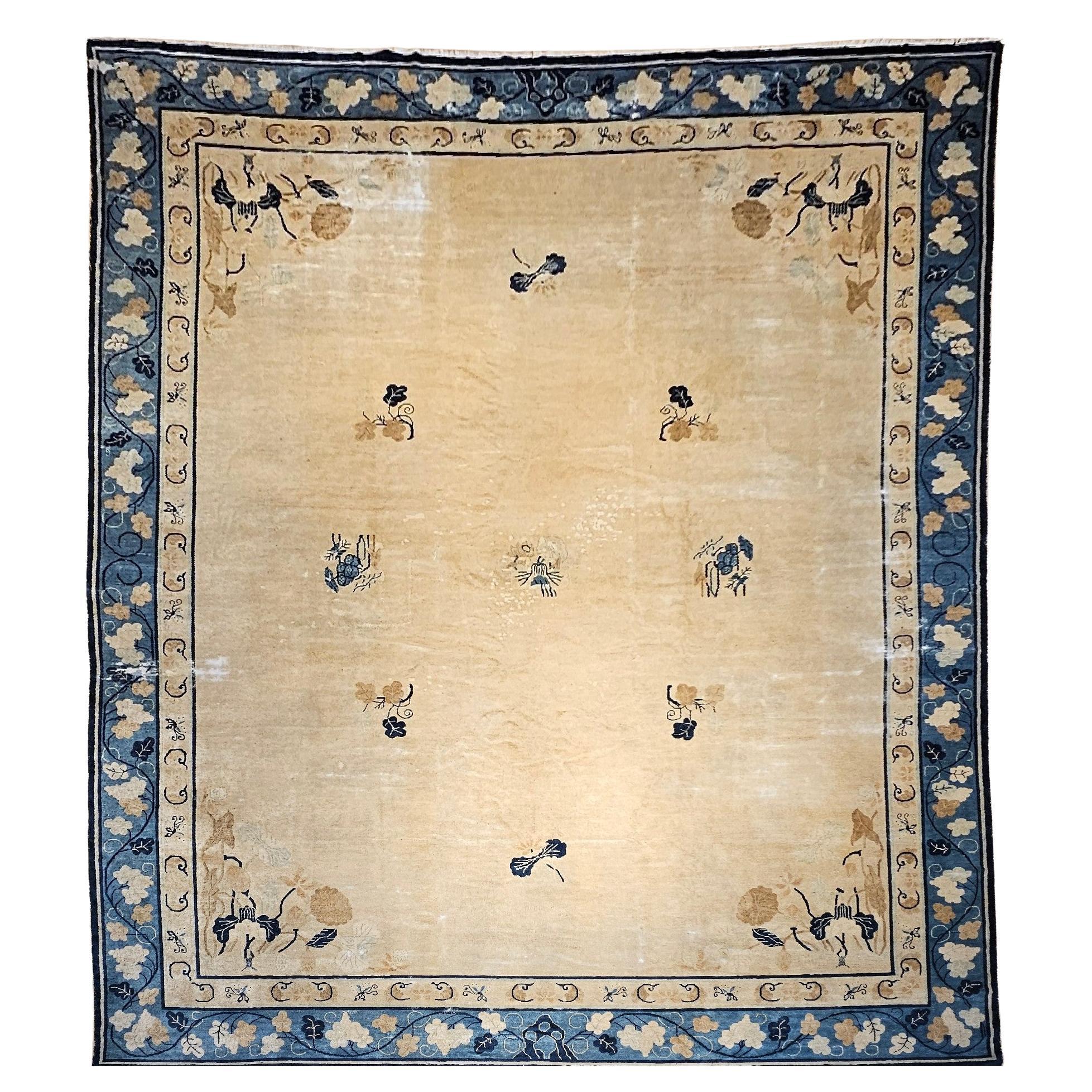19th Century Oversized Chinese Peking Rug in Wheat, Navy, Brown, Green, Sky-Blue For Sale