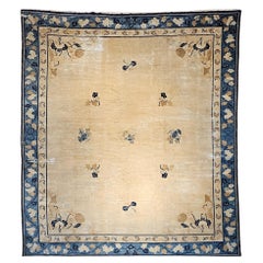 19th Century Oversized Chinese Peking Rug in Wheat, Navy, Brown, Green, Sky-Blue