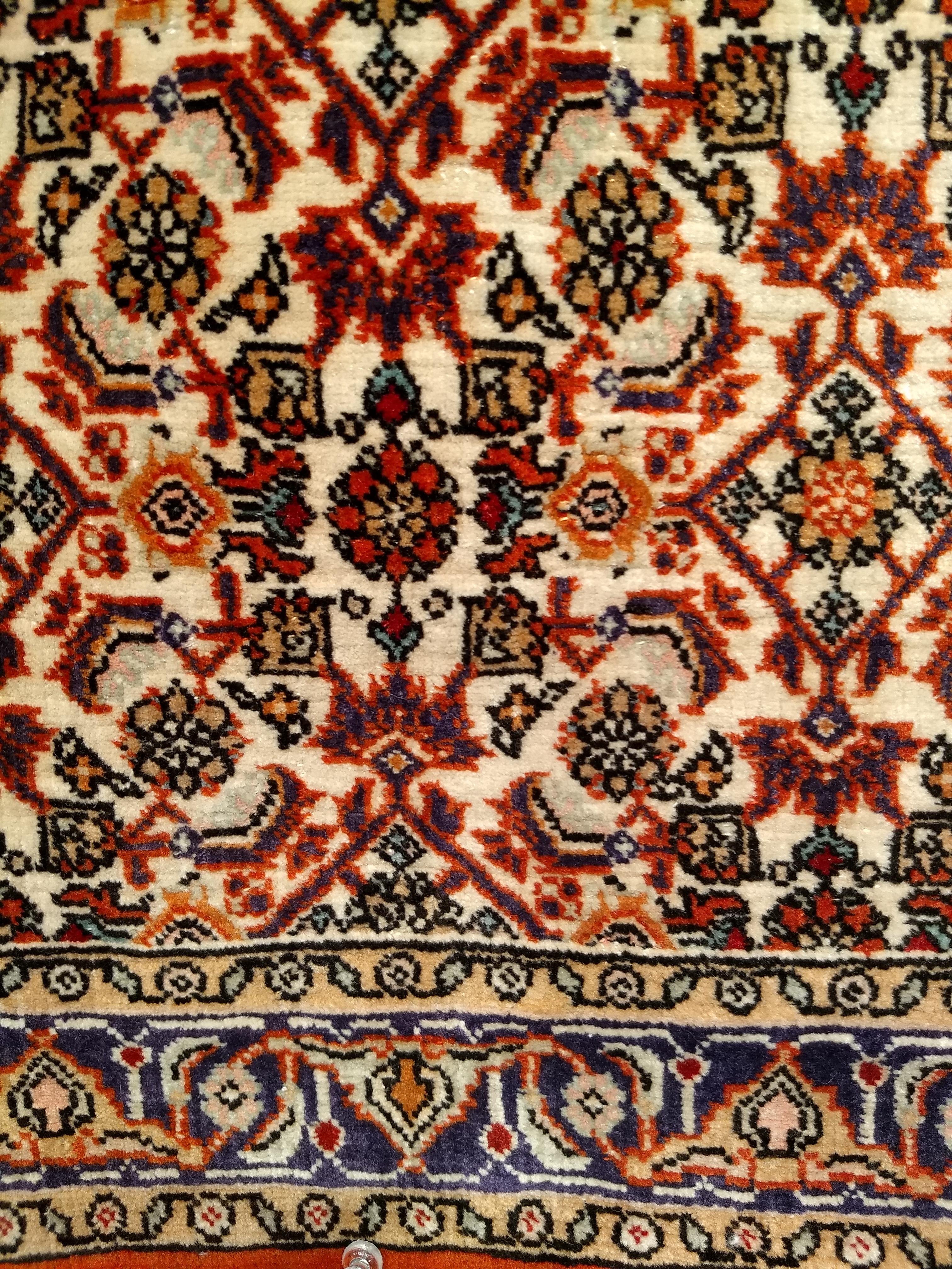 Vintage Near Square Size Persian Qum in Geometric Pattern in Ivory, Navy, Brown In Good Condition For Sale In Barrington, IL