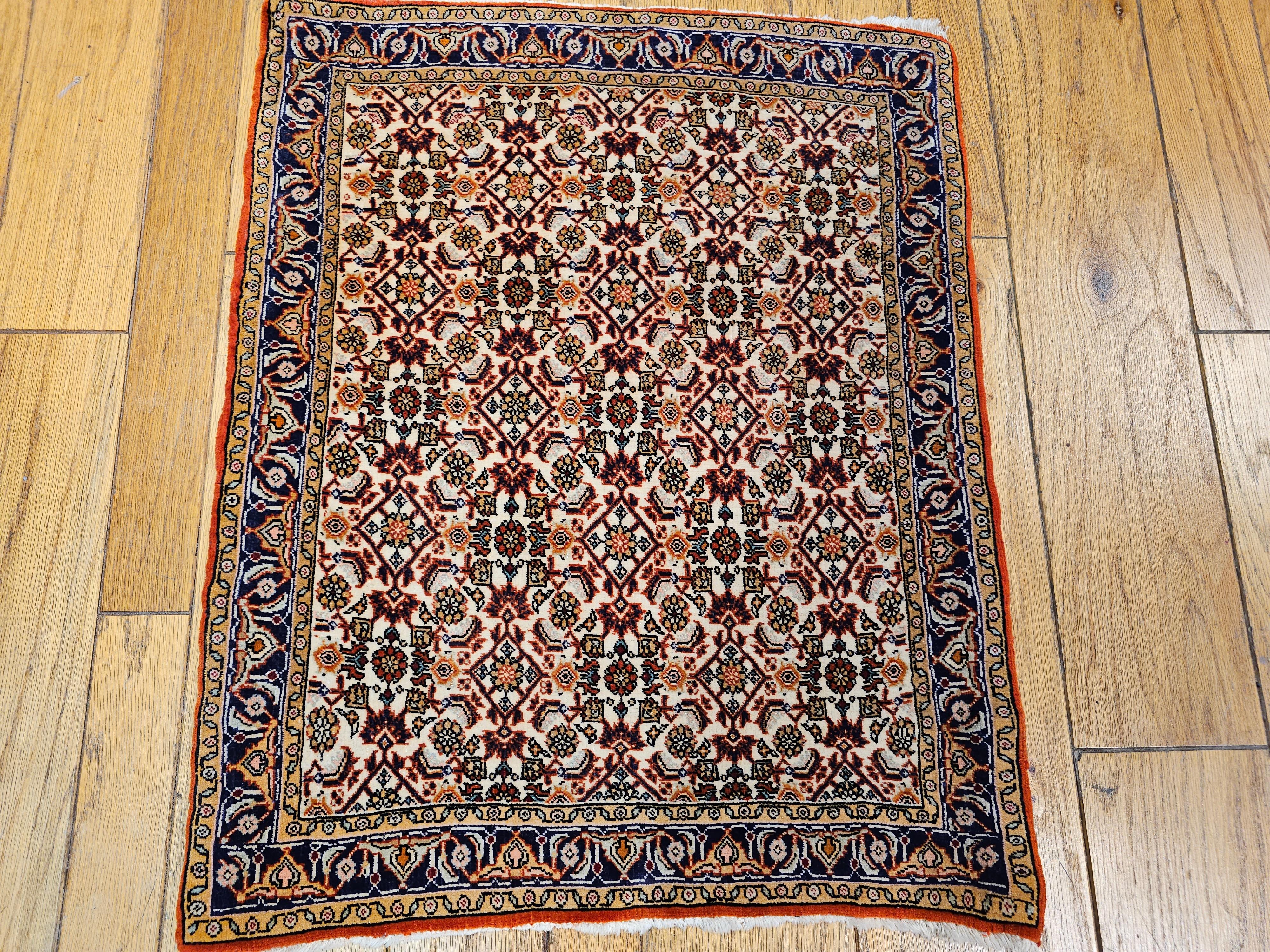 Vintage Near Square Size Persian Qum in Geometric Pattern in Ivory, Navy, Brown For Sale 3