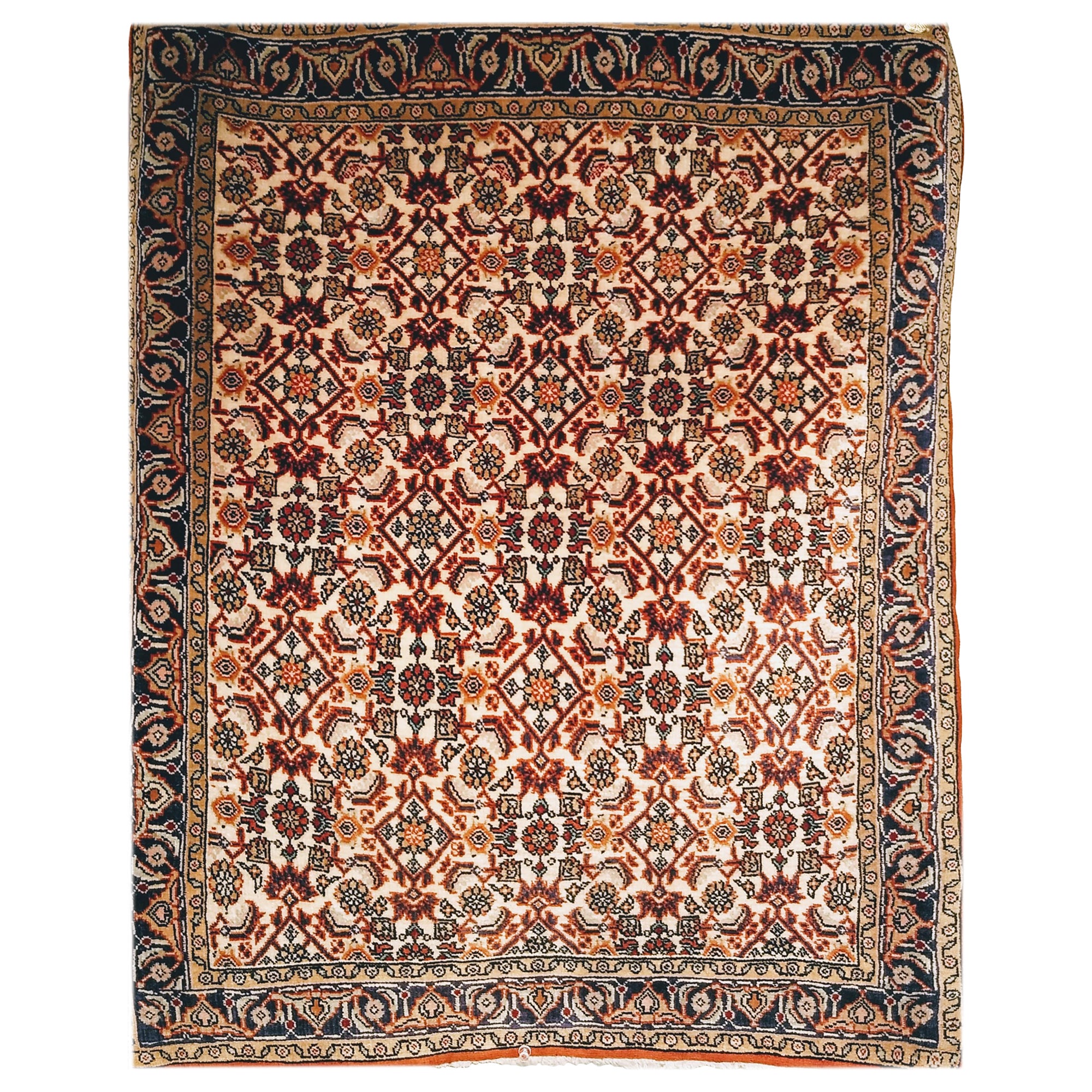 Qum persan vintage près du carré à motif géométrique en ivoire, marine, Brown en vente