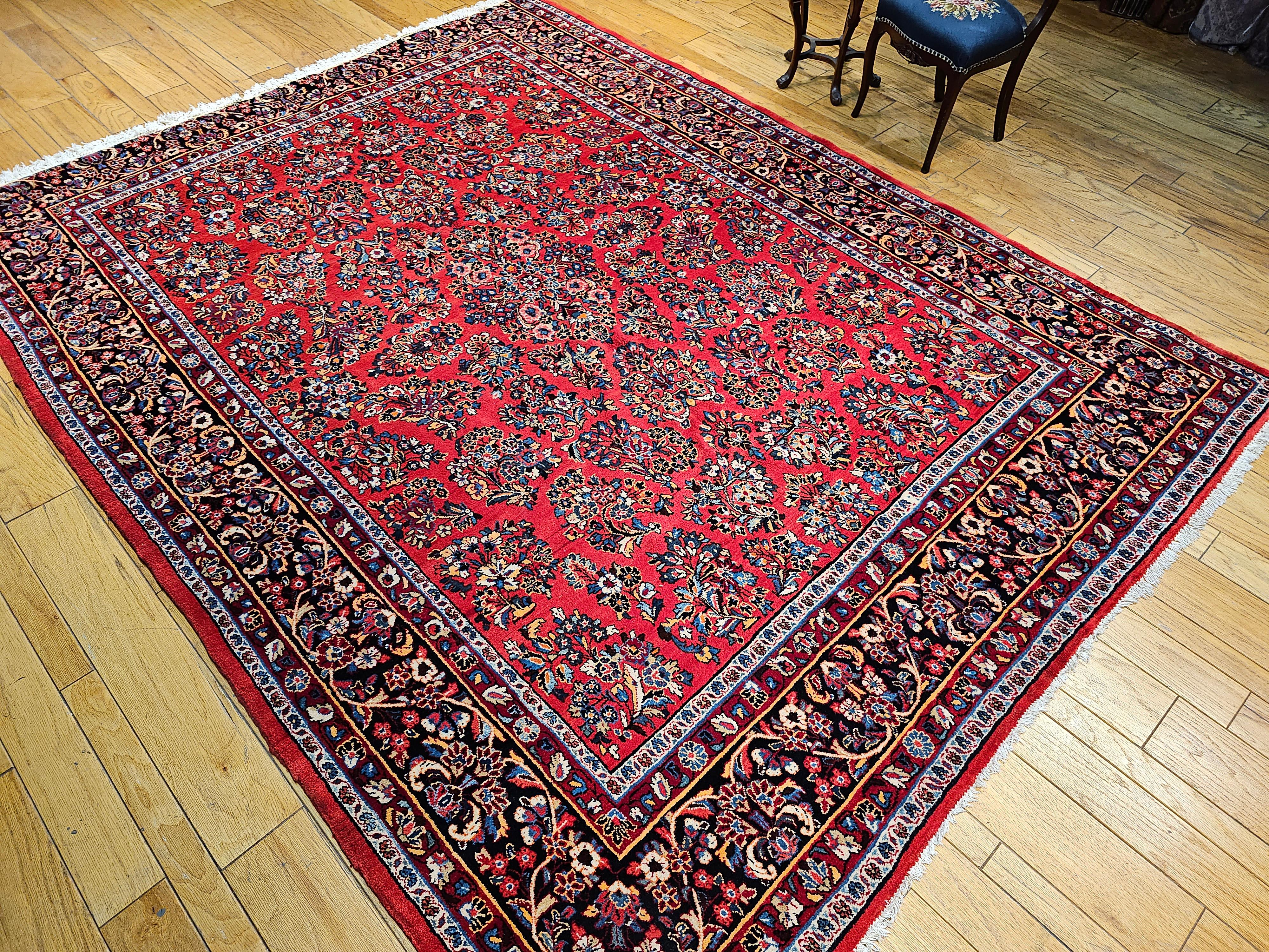Vintage Square Size Persian Sarouk in Allover Floral Pattern in Red, Navy, Ivory For Sale 4