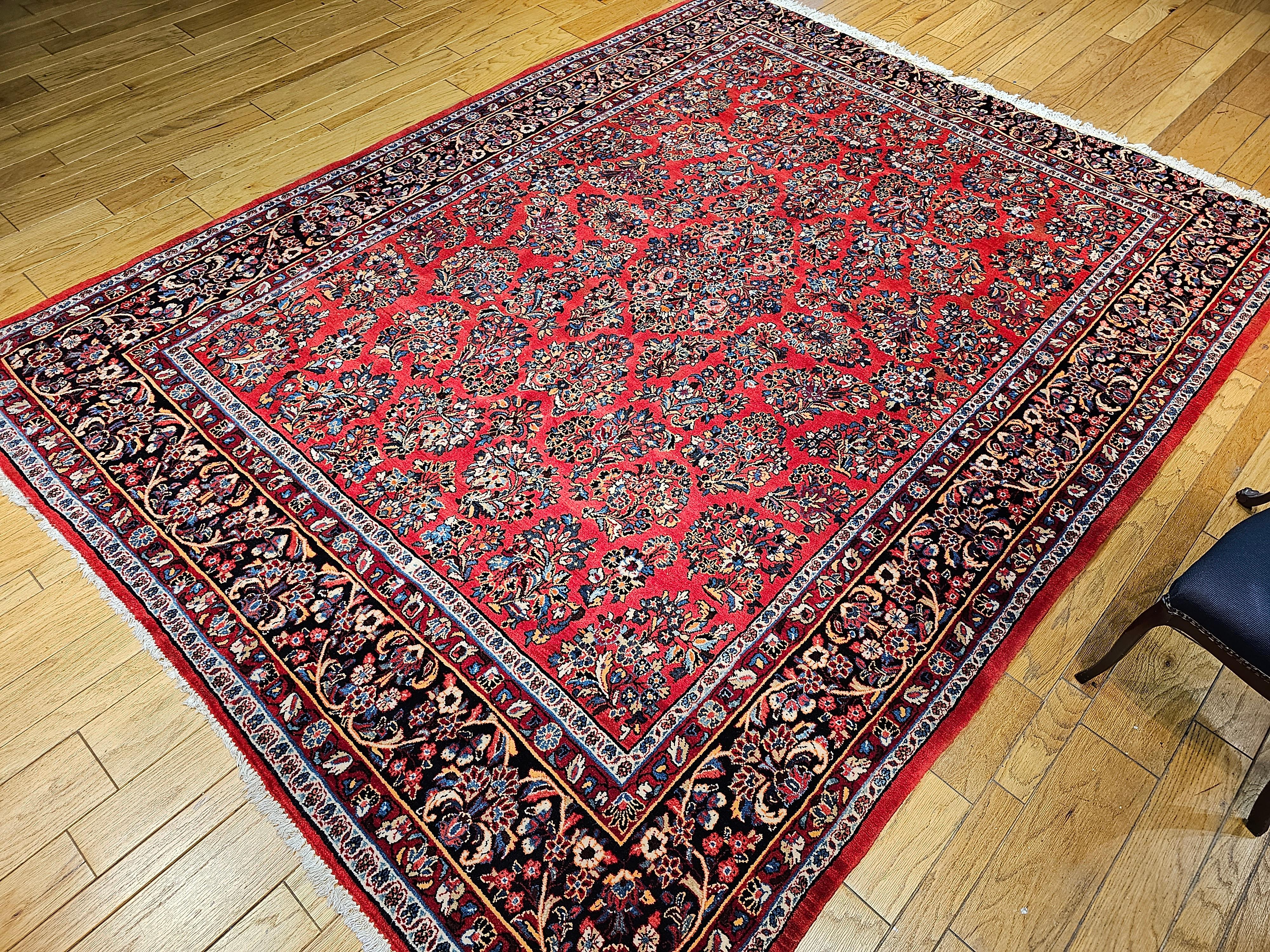 Vintage Square Size Persian Sarouk in Allover Floral Pattern in Red, Navy, Ivory For Sale 5