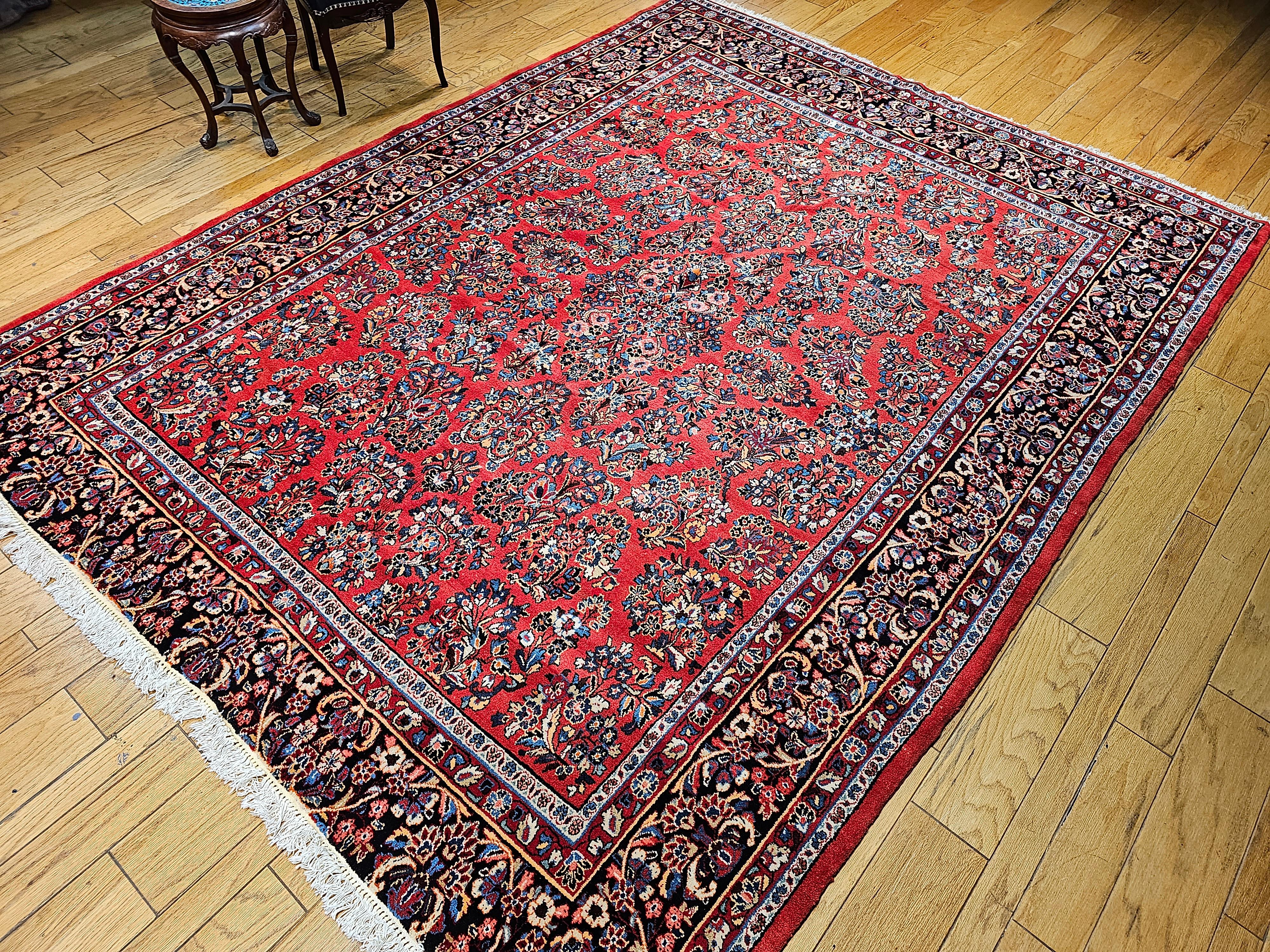 Vintage Square Size Persian Sarouk in Allover Floral Pattern in Red, Navy, Ivory For Sale 8
