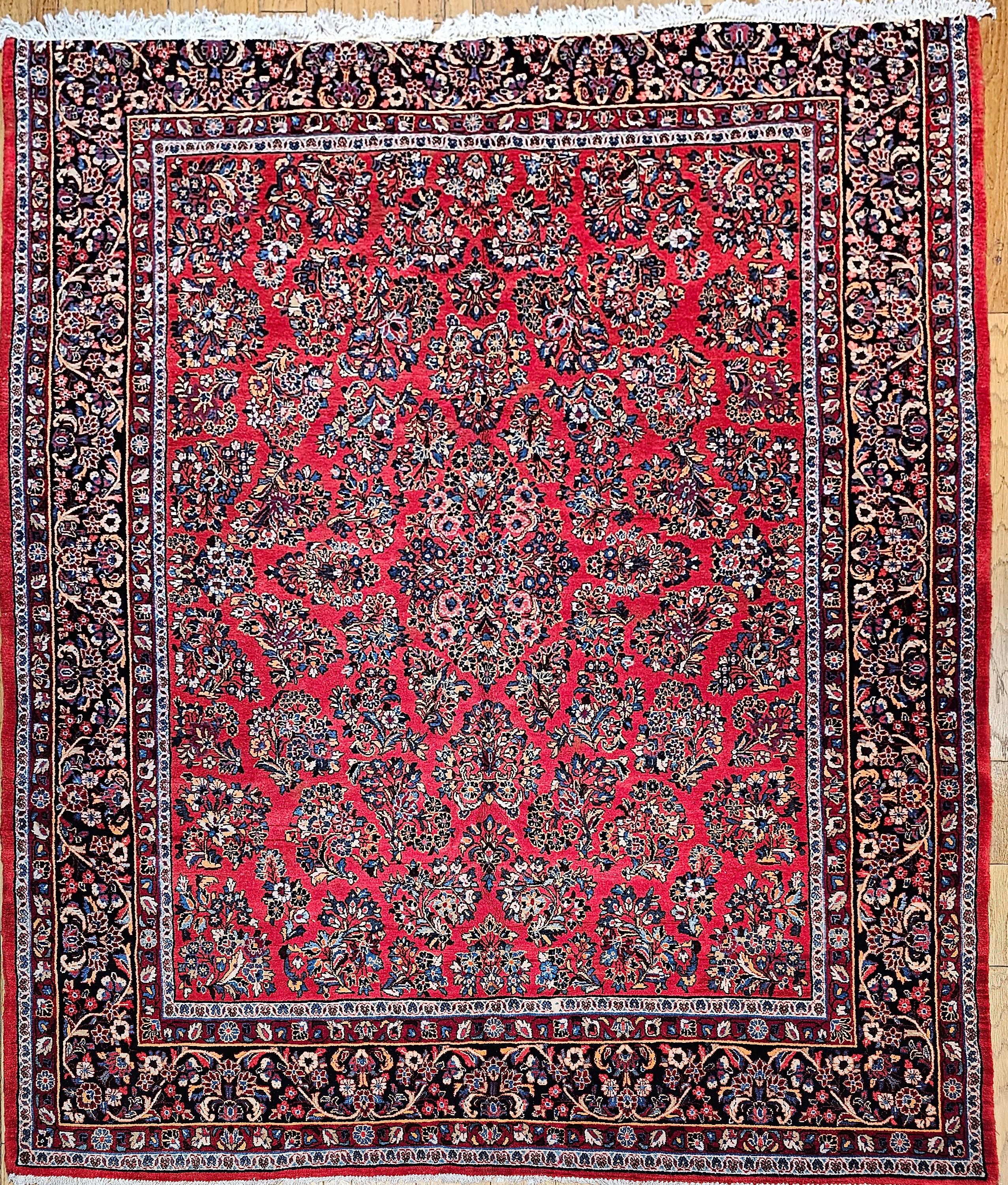Near-Square persischer Sarouk-Teppich im Vintage-Stil in Rot, Marineblau mit Blumenmuster aus Allover im Angebot 10