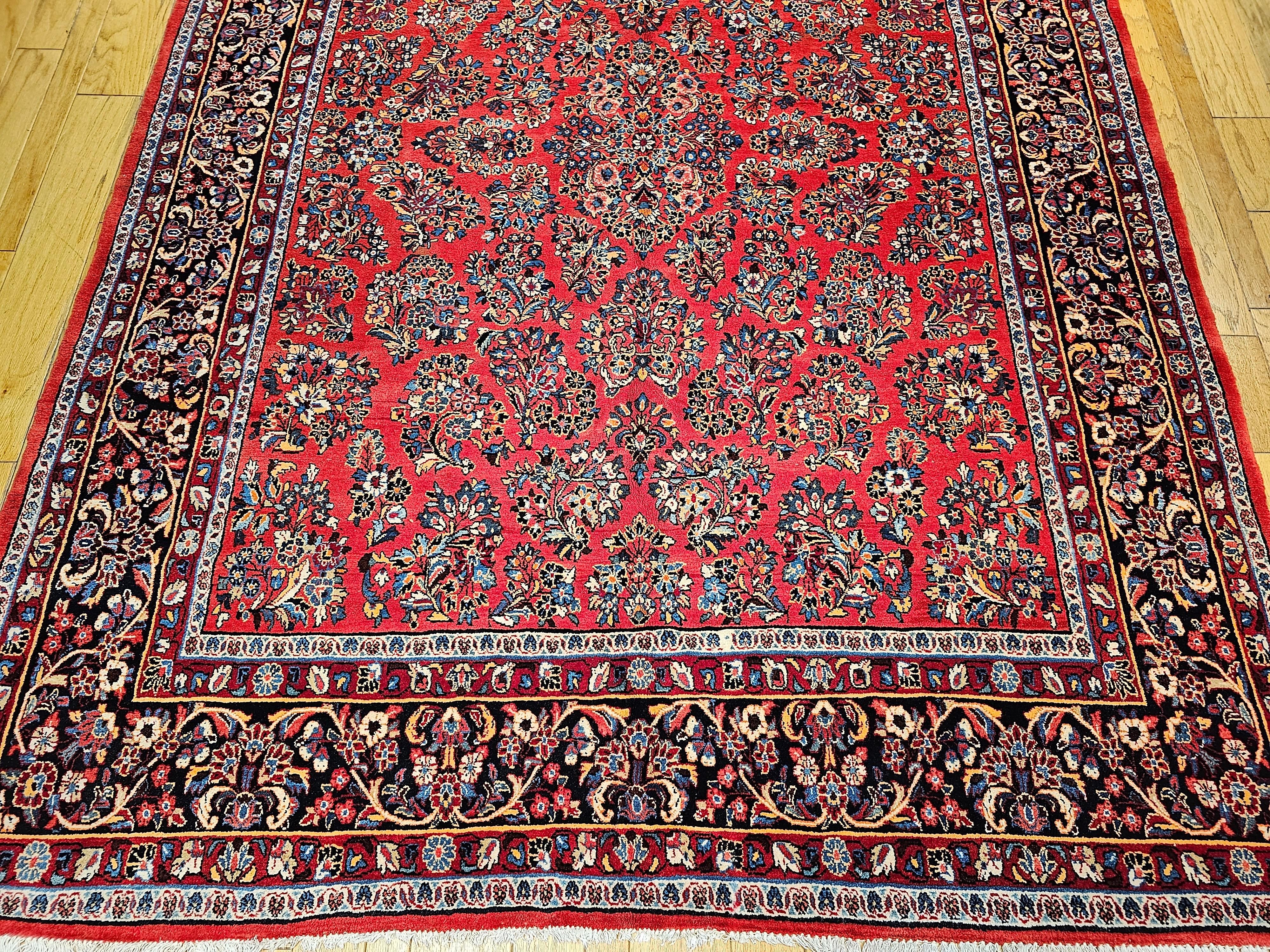 Hand-Woven Vintage Square Size Persian Sarouk in Allover Floral Pattern in Red, Navy, Ivory For Sale
