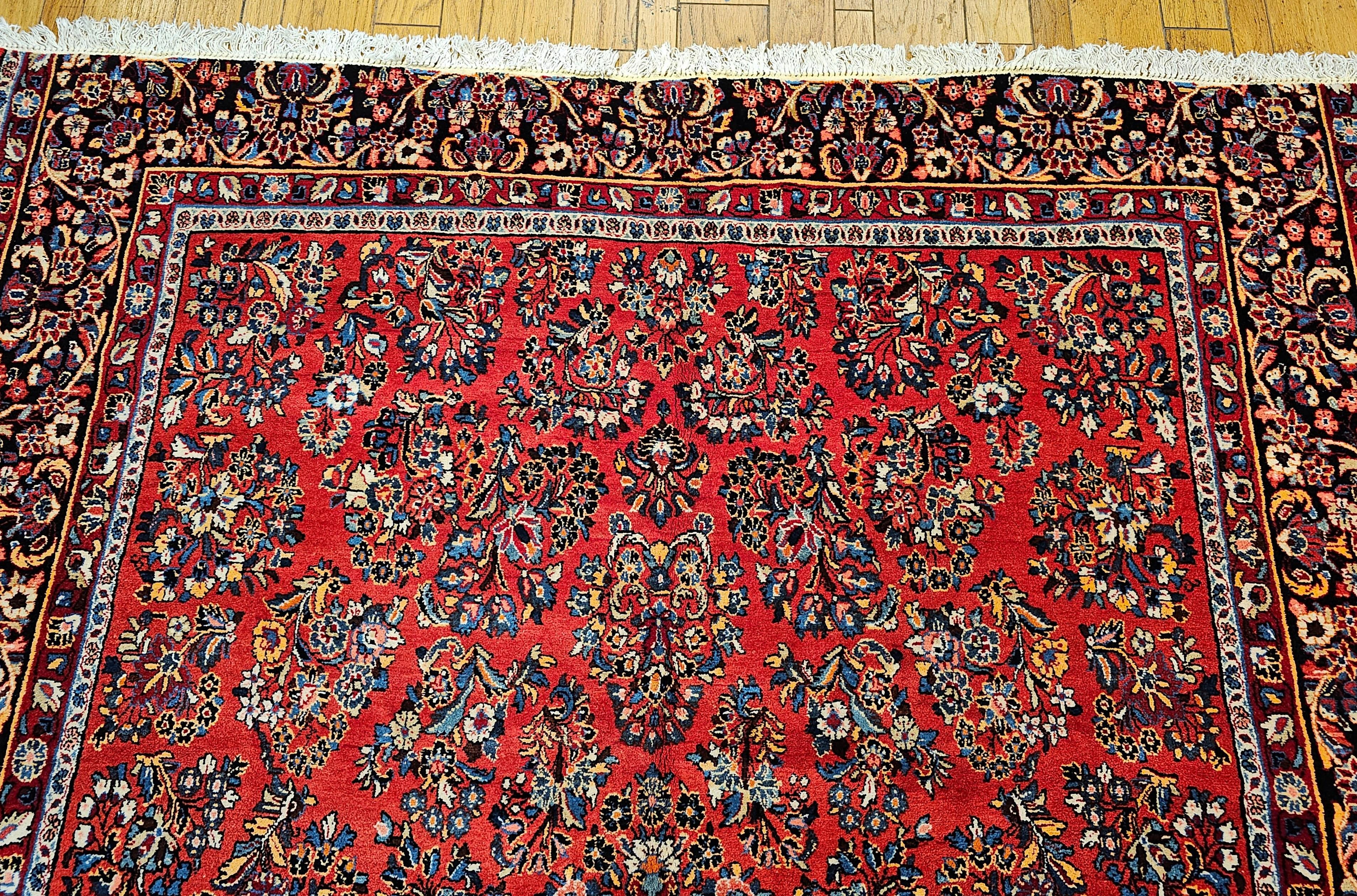 20th Century Vintage Square Size Persian Sarouk in Allover Floral Pattern in Red, Navy, Ivory For Sale
