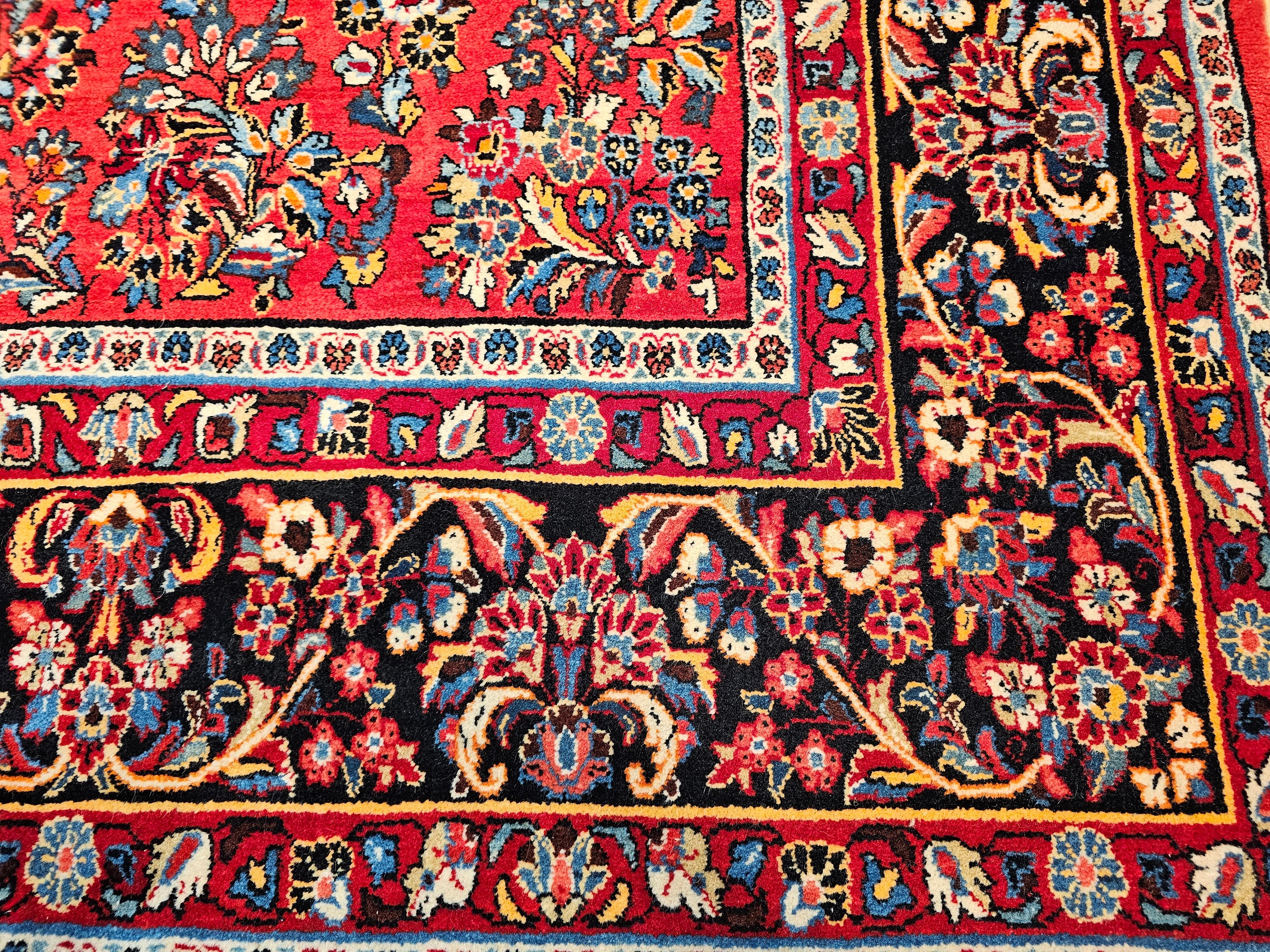 Wool Vintage Square Size Persian Sarouk in Allover Floral Pattern in Red, Navy, Ivory For Sale