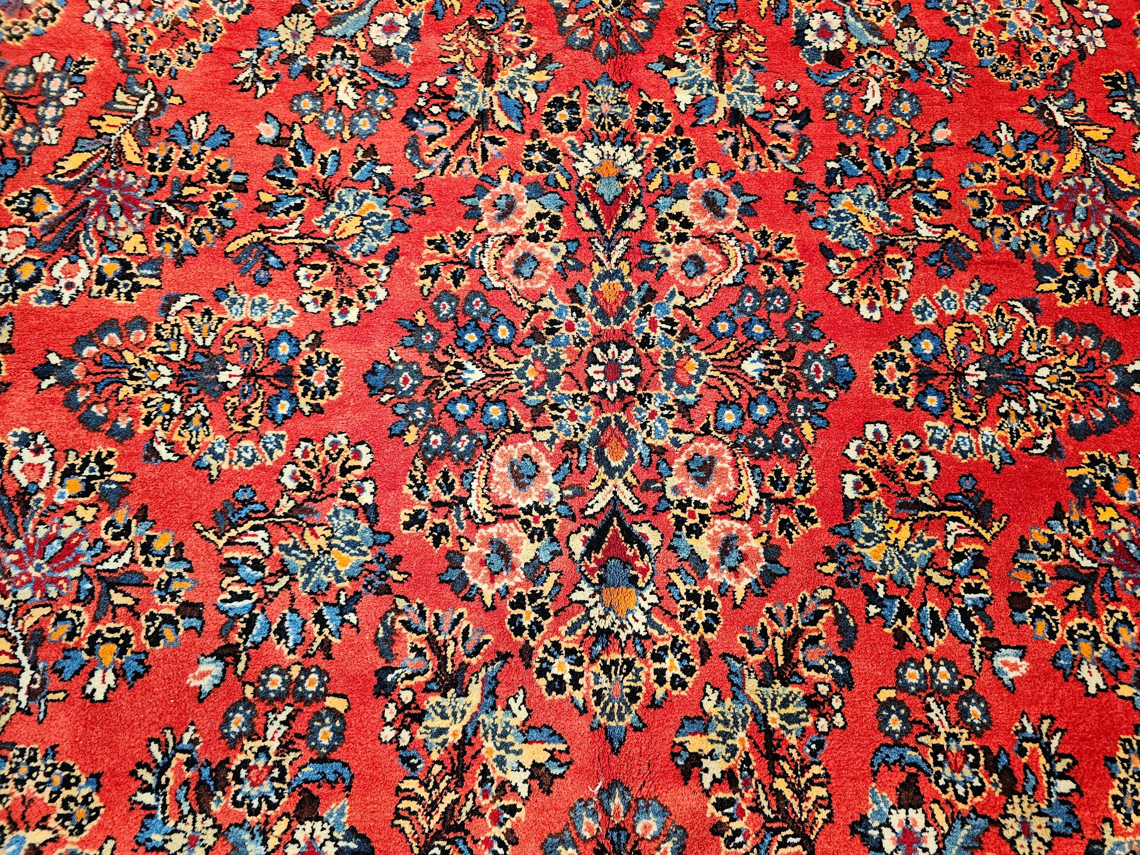 Vintage Square Size Persian Sarouk in Allover Floral Pattern in Red, Navy, Ivory For Sale 2