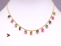 Collana Vintage in oro 21K 7.8 ctw 12 zaffiri naturali blu rosso verde rubini/5.1g