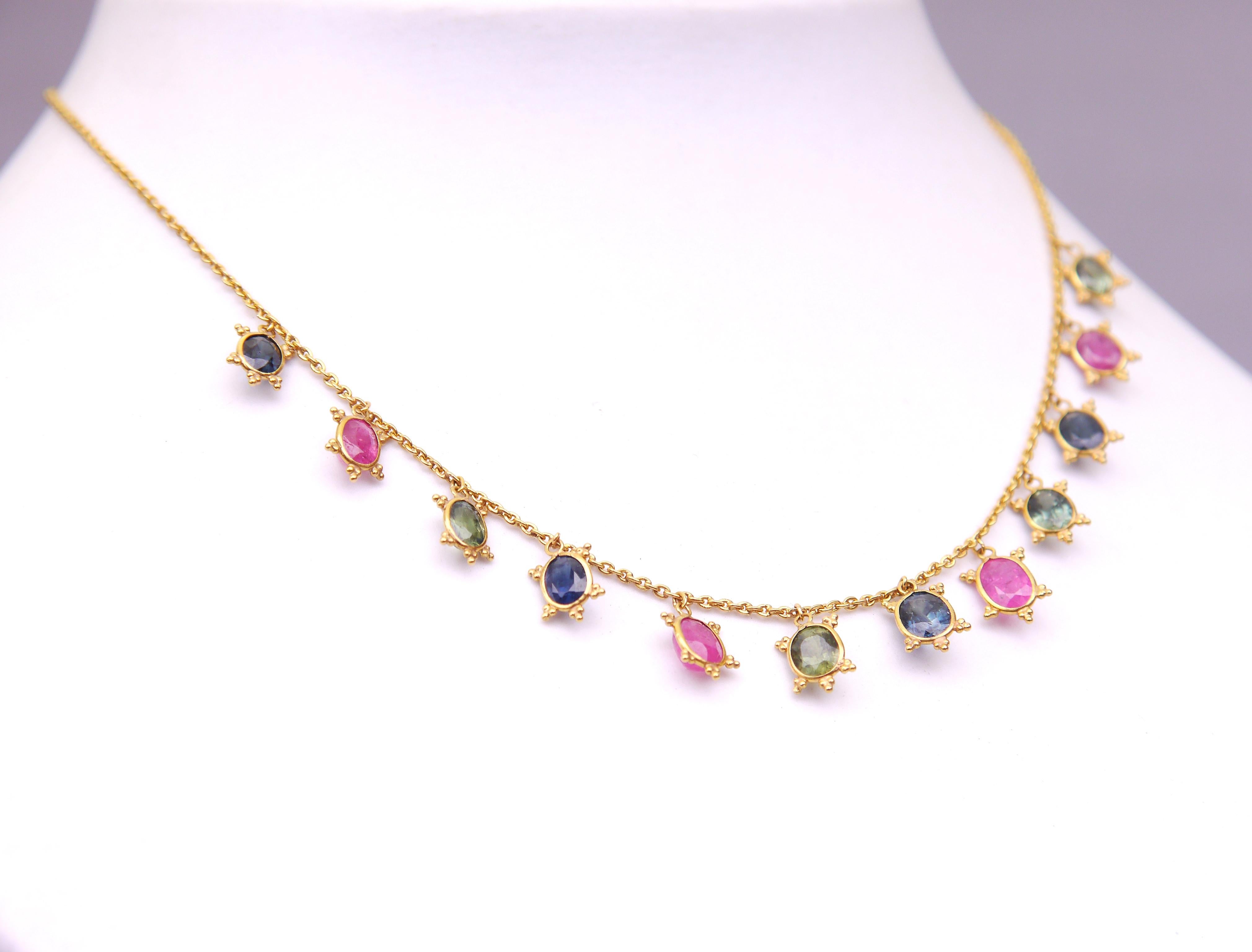 Retro Vintage Necklace 21K Gold 7.8 ctw 12natural Blue Red Green Sapphires Rubies/5.1g For Sale