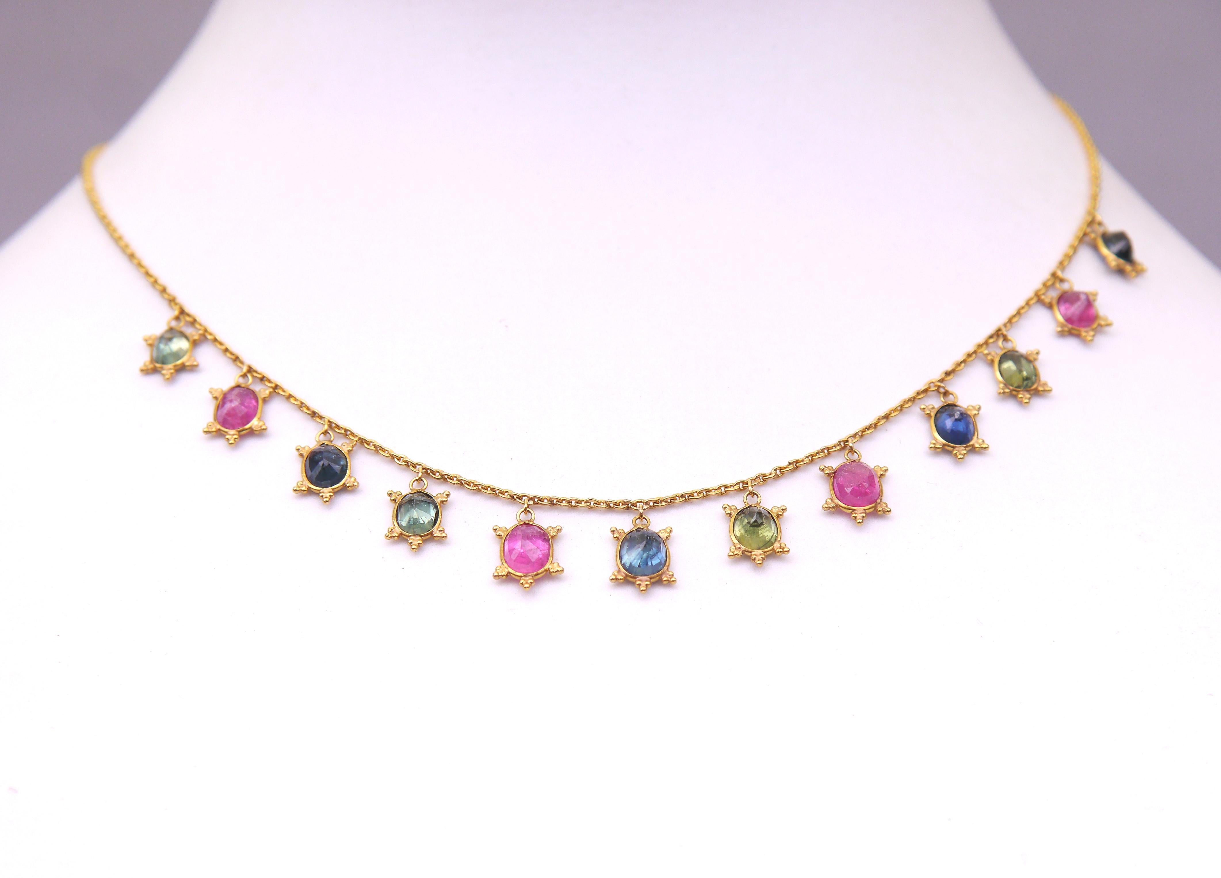 Women's Vintage Necklace 21K Gold 7.8 ctw 12natural Blue Red Green Sapphires Rubies/5.1g For Sale