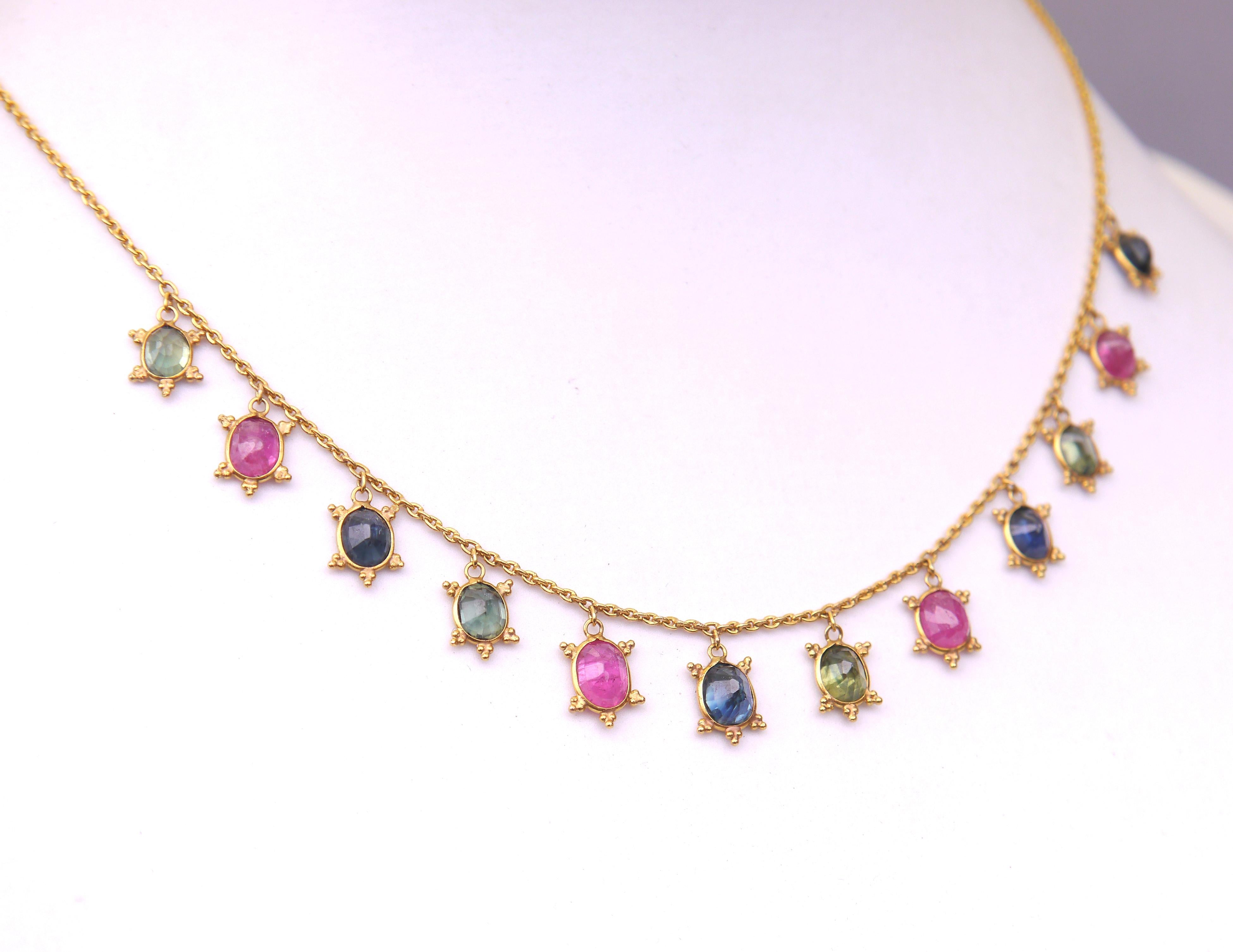 Vintage Necklace 21K Gold 7.8 ctw 12natural Blue Red Green Sapphires Rubies/5.1g For Sale 1