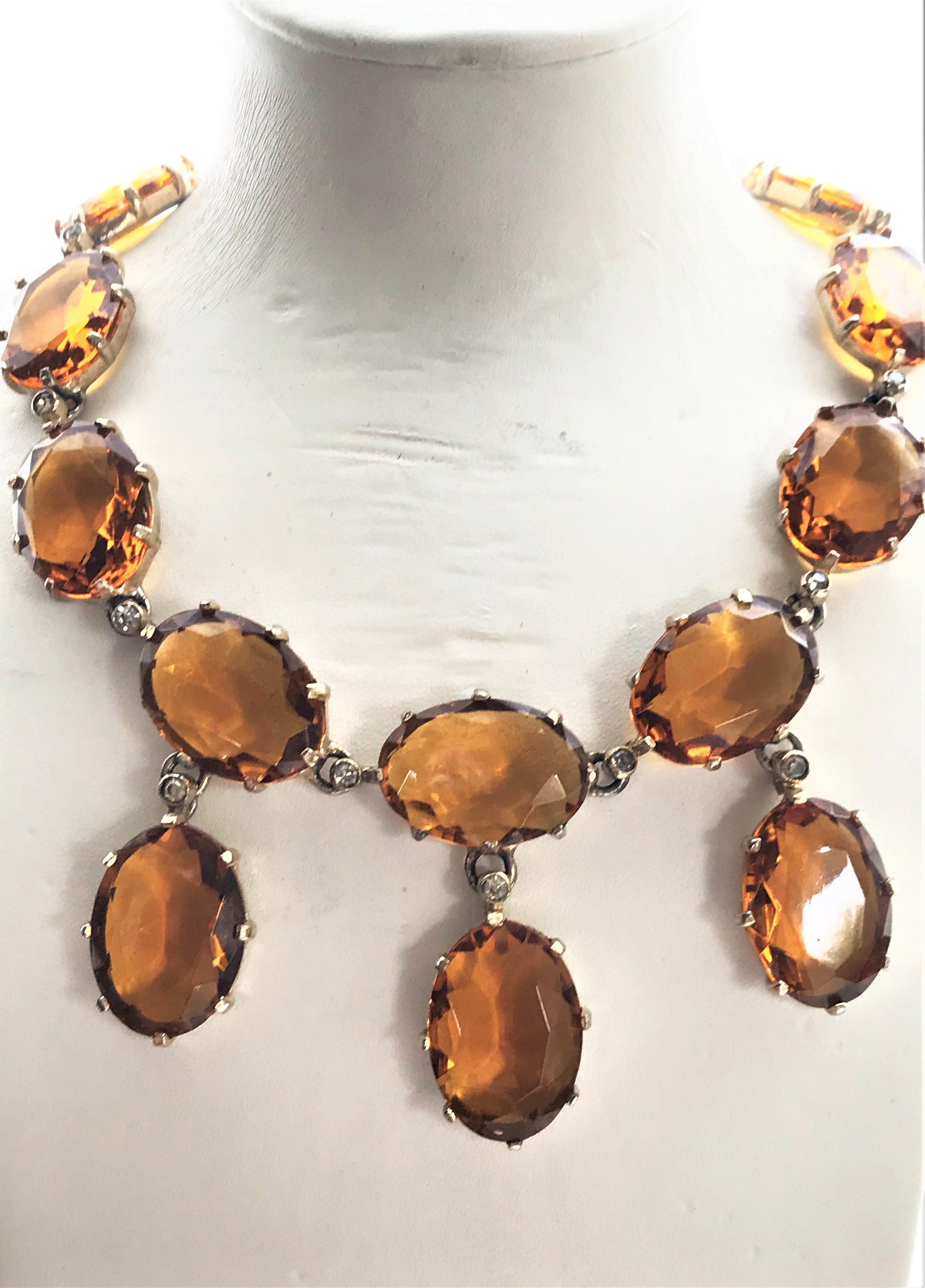Modern Vintage necklace, amber colored rhinestones 1940s gold plated