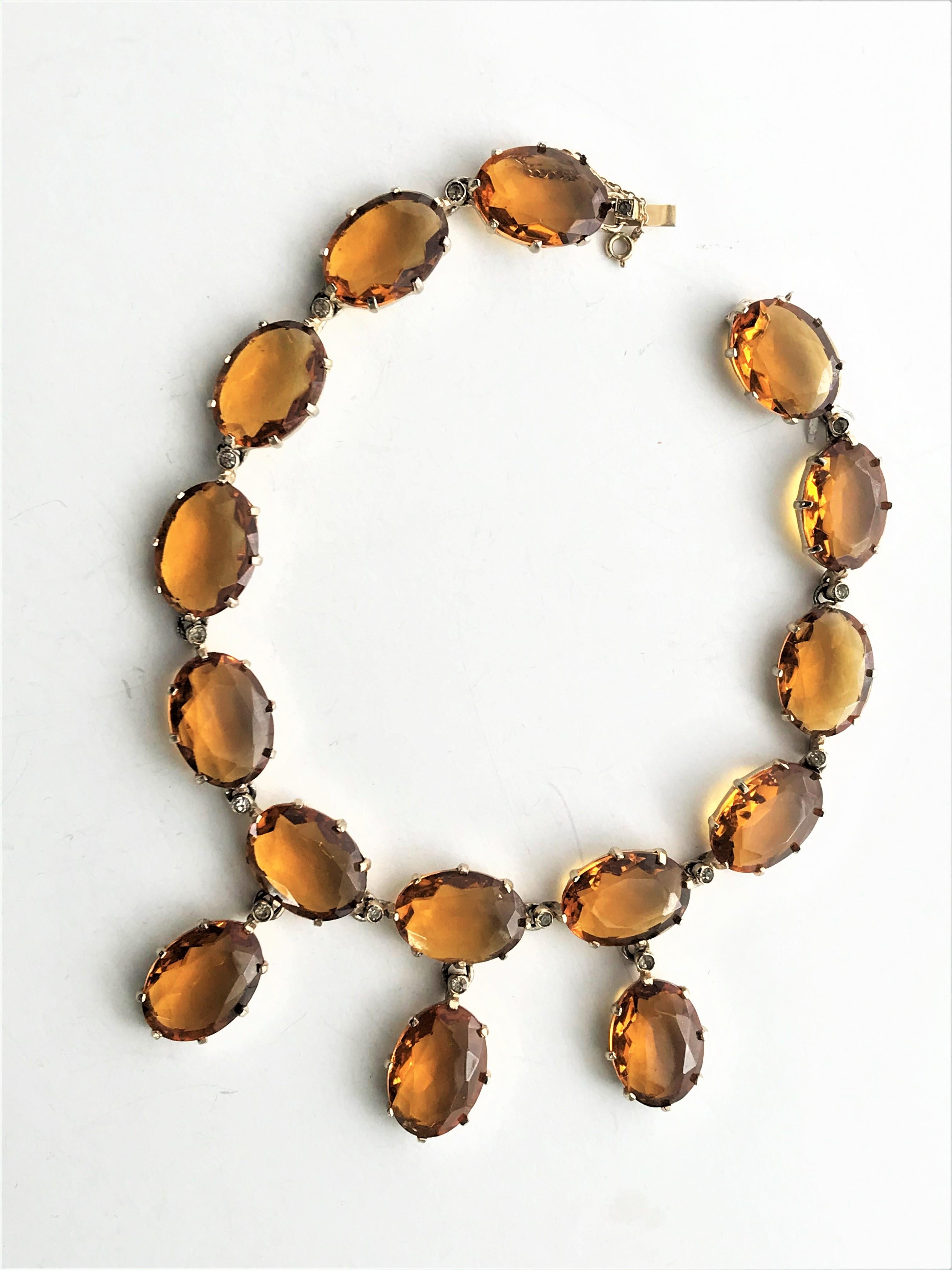 Marquise Cut Vintage necklace, amber colored rhinestones 1940s gold plated