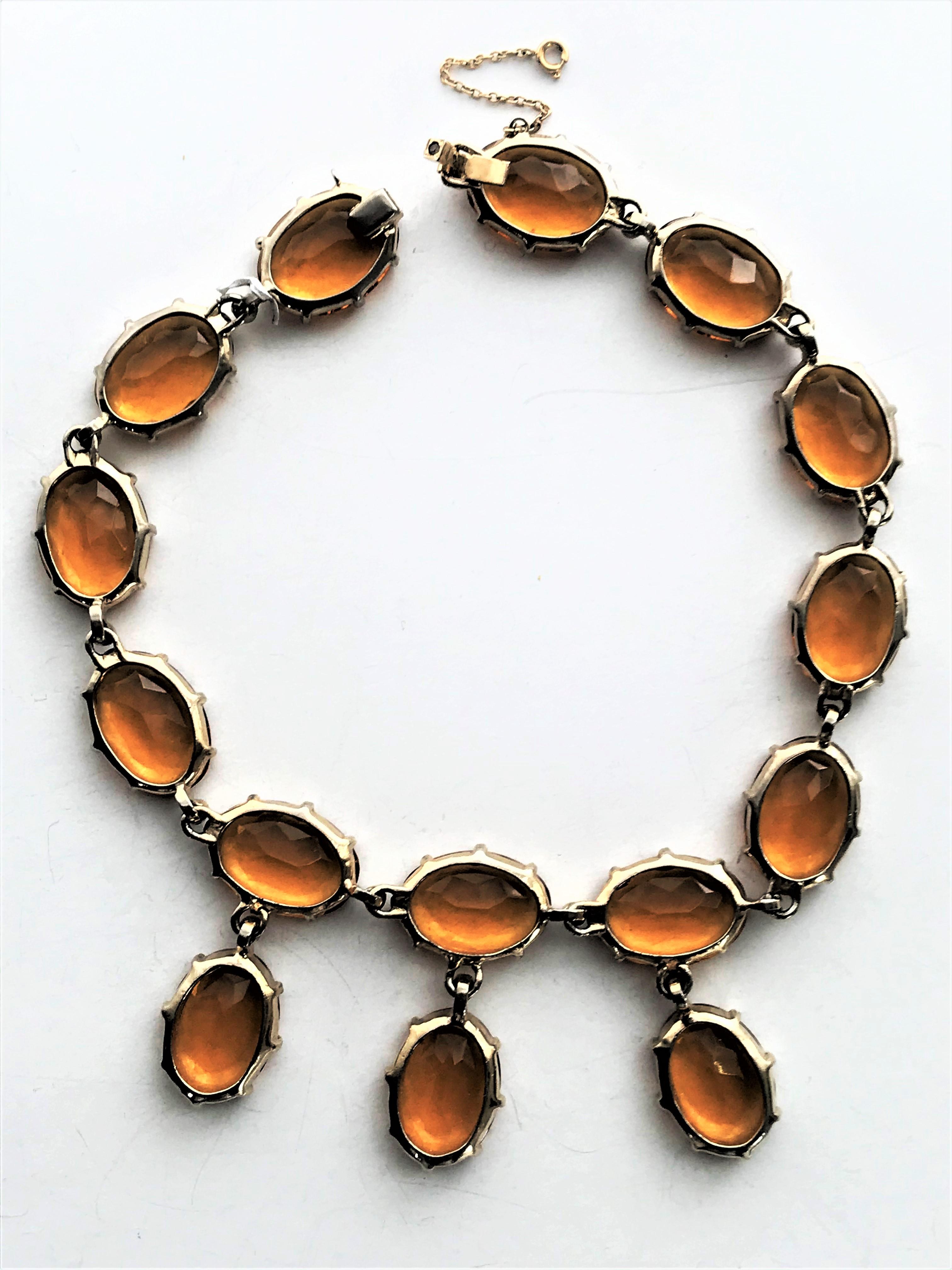 Vintage necklace, amber colored rhinestones 1940s gold plated In Good Condition In Stuttgart, DE