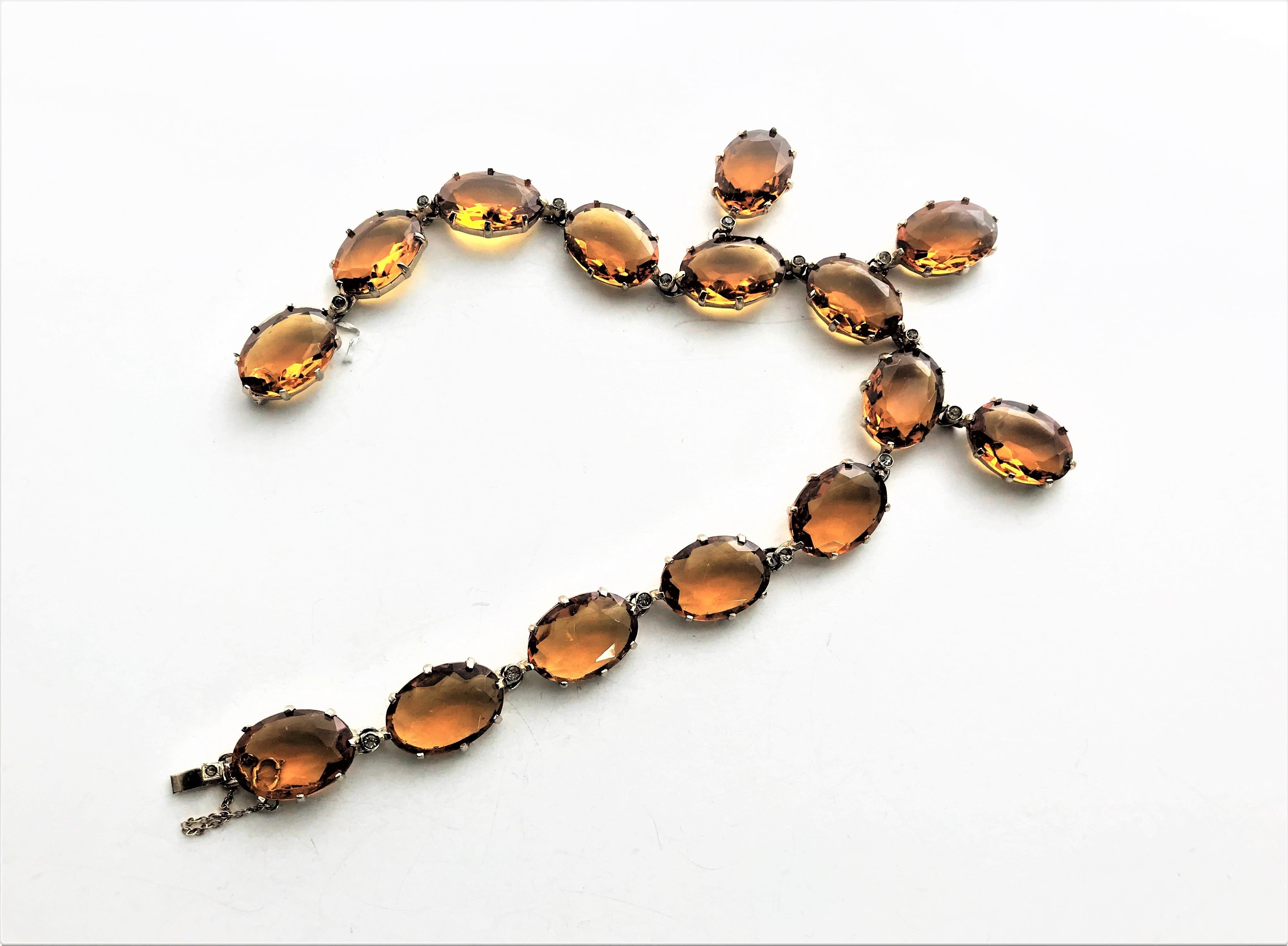 Women's Vintage necklace, amber colored rhinestones 1940s gold plated