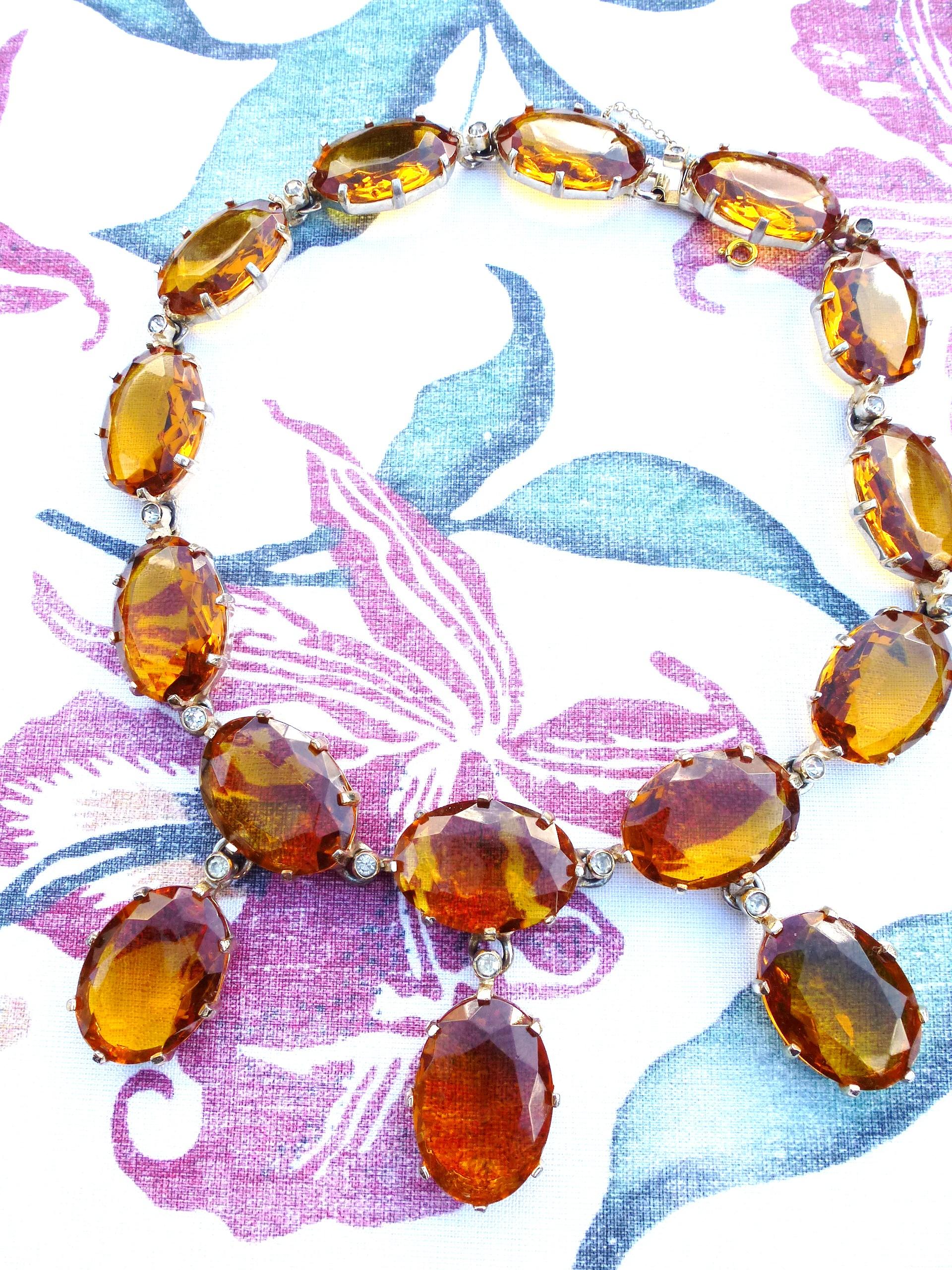 Vintage necklace, amber colored rhinestones 1940s gold plated 1