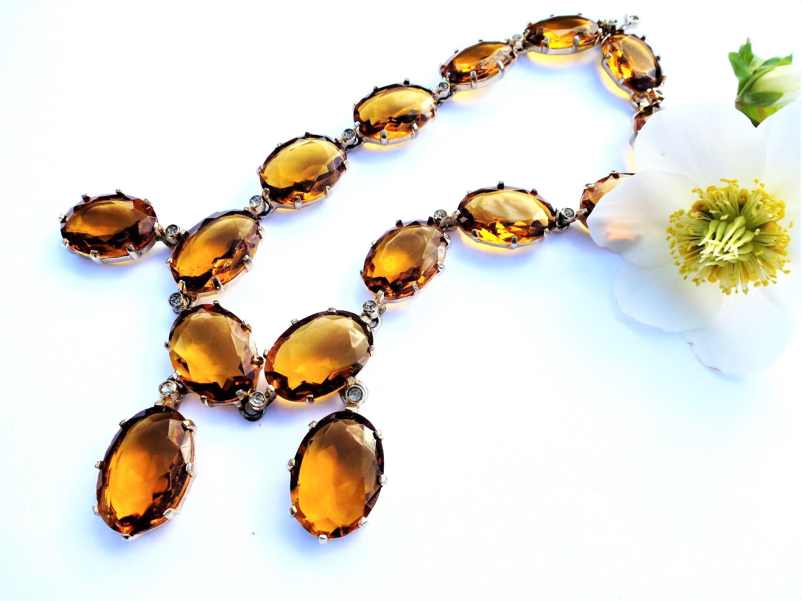 Vintage necklace, amber colored rhinestones 1940s gold plated 2