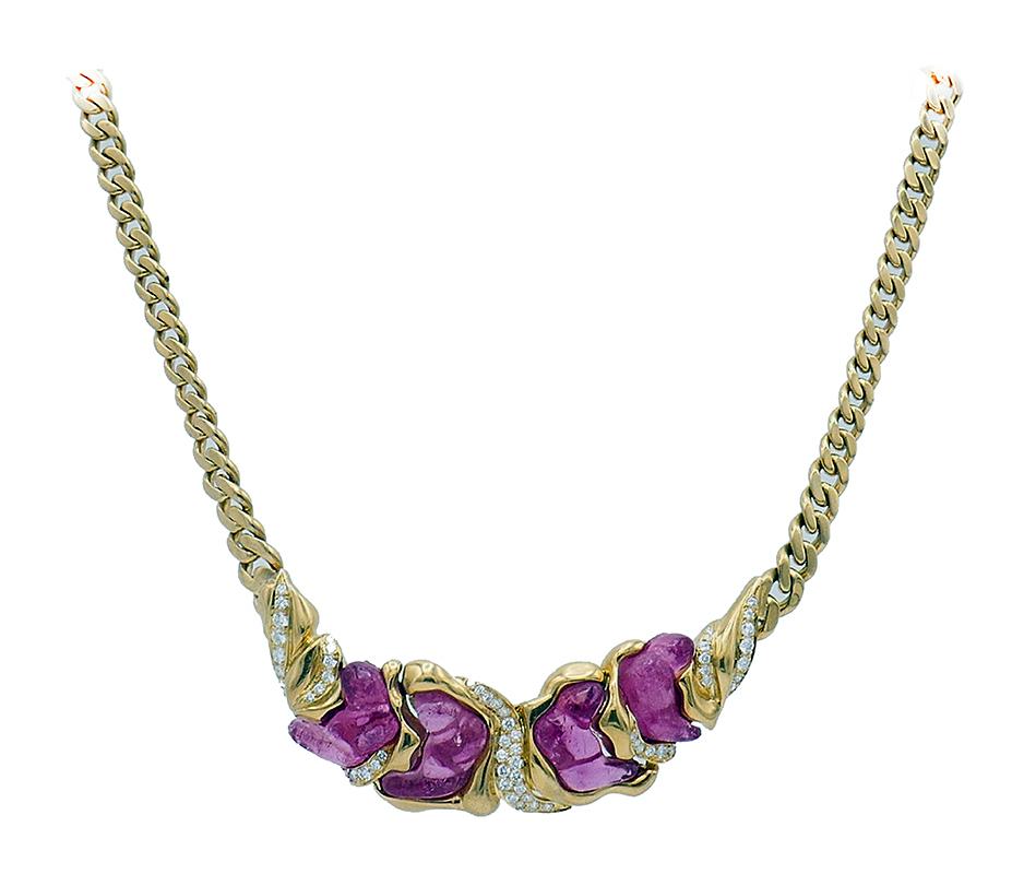 Mixed Cut Vintage Necklace by Ansuini Italy 18k Gold Ruby Diamond For Sale