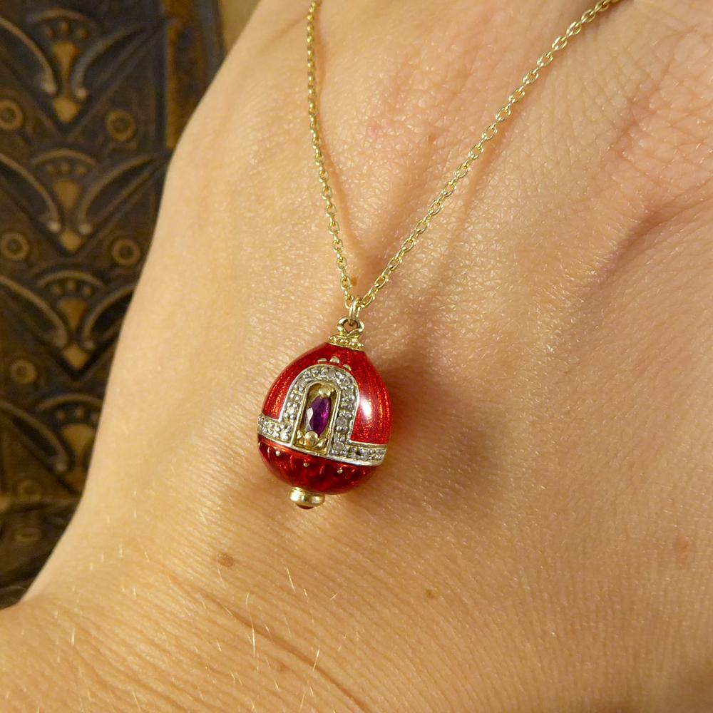 Vintage Necklace with Ruby and Diamond Set of Red Enamel and Gold Pendant 1