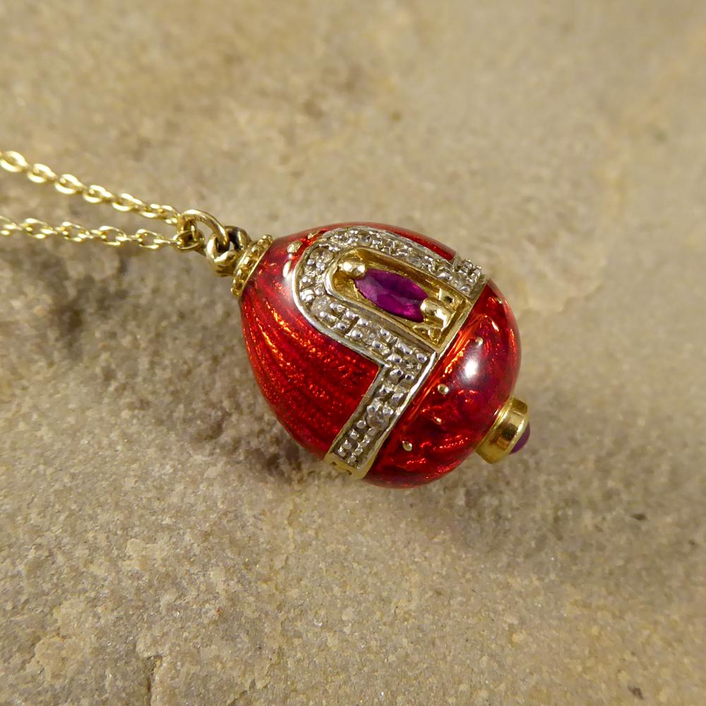 Vintage Necklace with Ruby and Diamond Set of Red Enamel and Gold Pendant 2